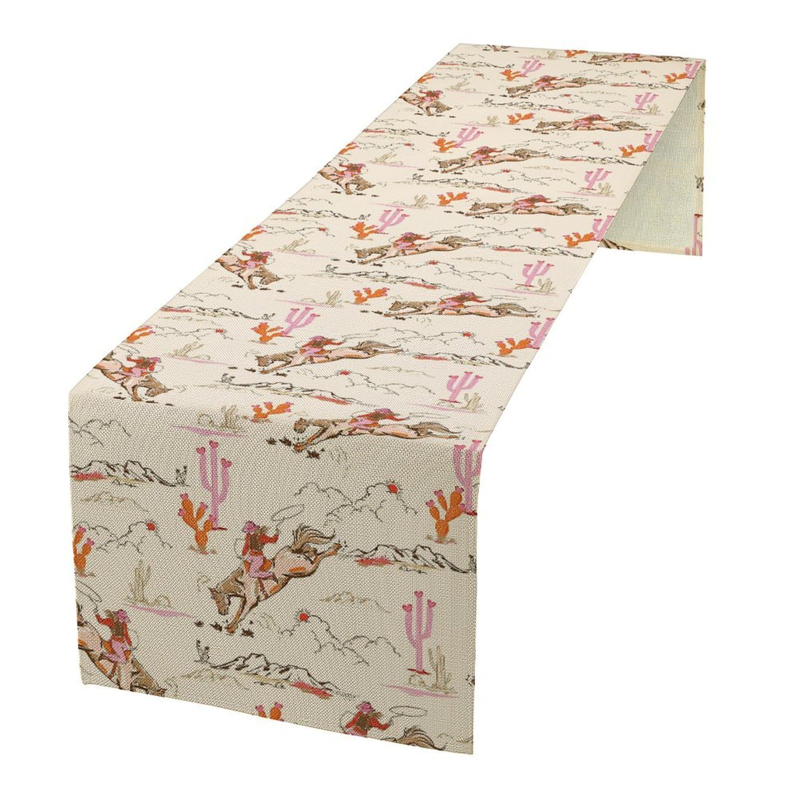 Vintage Western Cowgirl Table Runner, Rustic Wild West Cowboy Ride Horse and Desert Cactus Table Runner, Farmhouse Decor Burlap Table Runners, Cowgirl