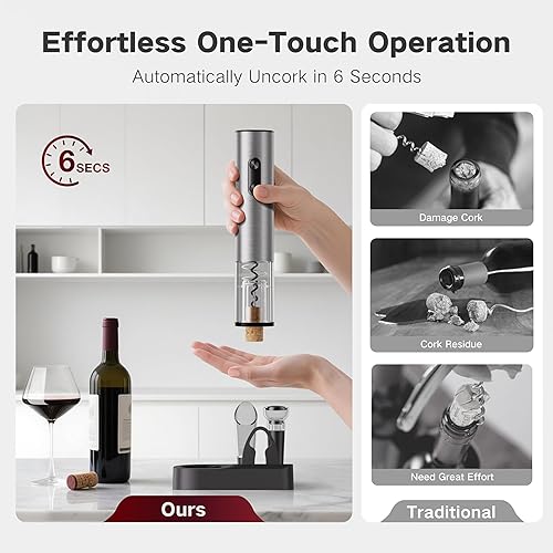 Vista 2 de Set de regalo de destapador de vino eléctrico 6 en 1, sacacorchos automático de acero inoxidable con cortador de papel de aluminio, tapón de vacío