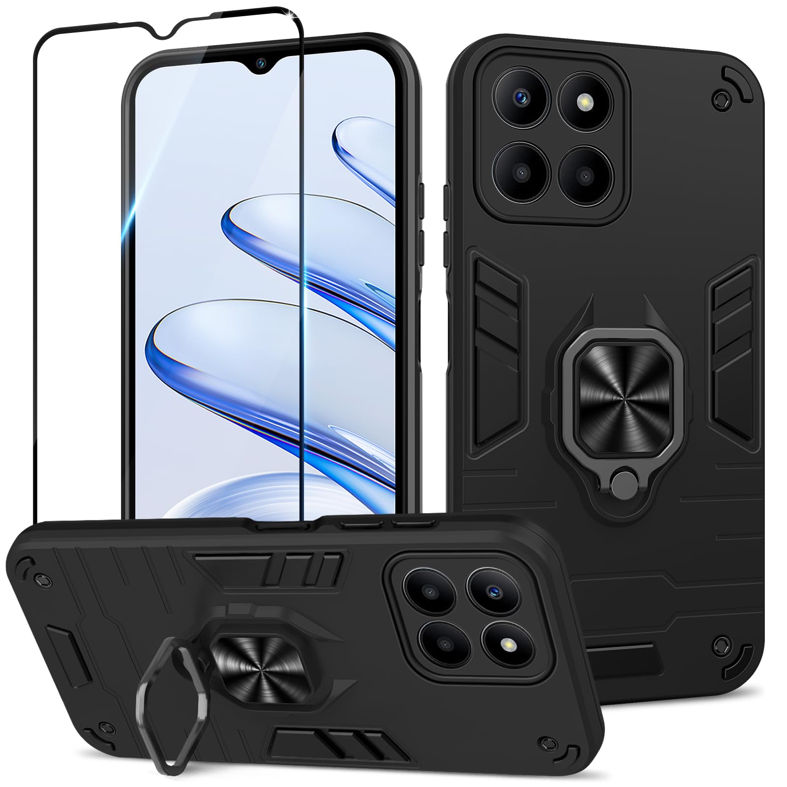 Funda para Samsung Galaxy A13 4G con Cristal Templado Protector Pantalla, Carcasa Antigolpes con Soporte anular metálico, Case Protectora de Grado Militar, Negro — view 270