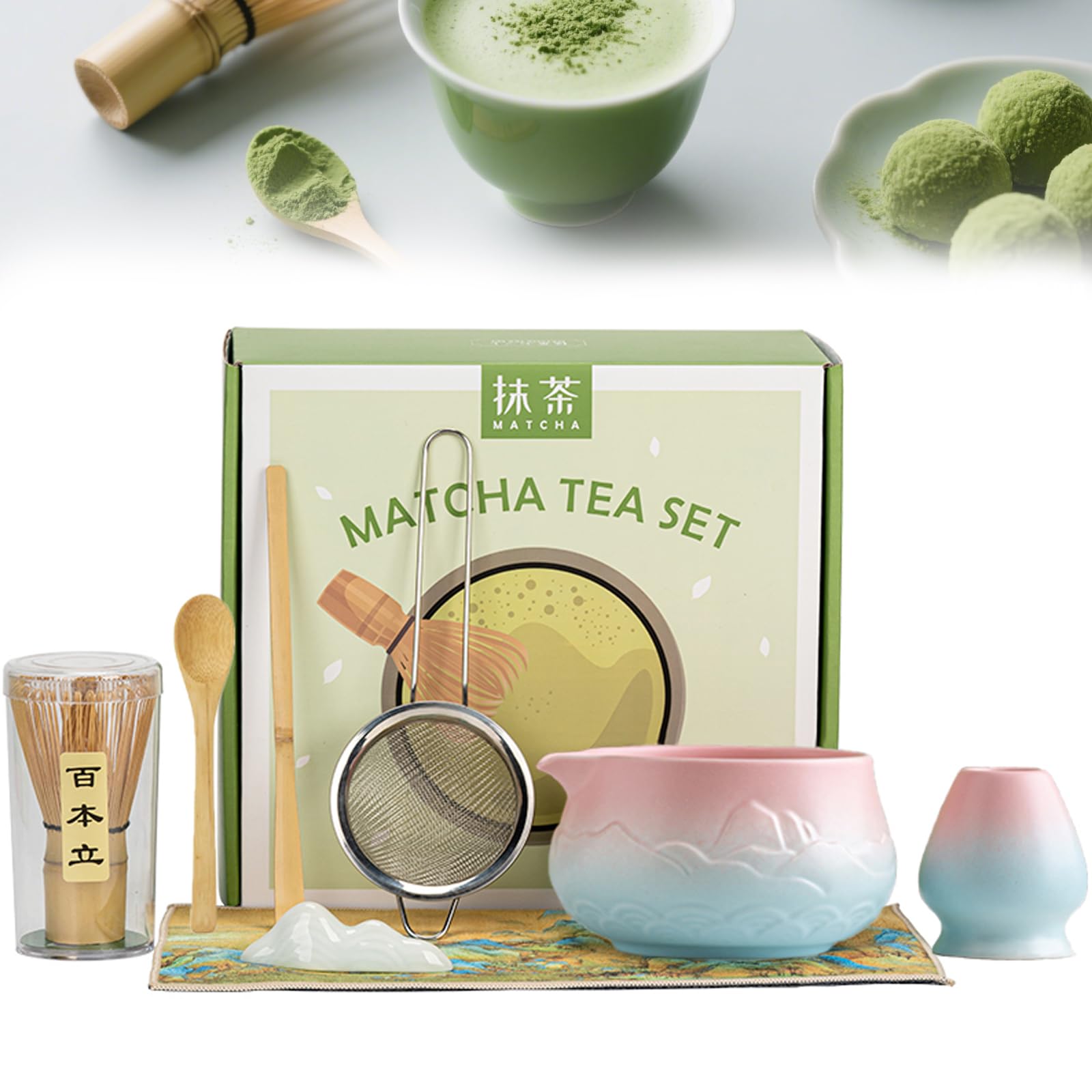 Matcha Set,8 Stück Matcha Tee Set mit Matcha Besen, Matcha Schale mit Ausgießer,Matcha Filtersieb,Halter,Teetuchunterlage,Chasen und Matcha Löffel (Rosa blau verlaufend)