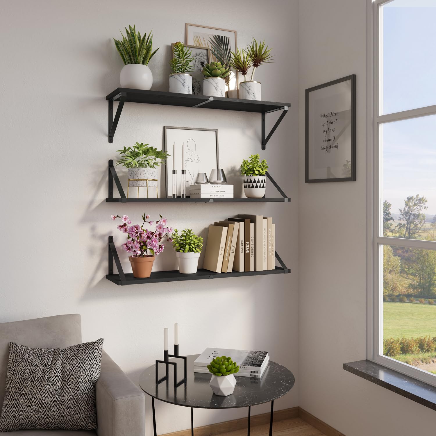 CASSA ZENO Estantes Flotantes de Pared para Libros Juego de 3, Estante de 80cm x 20cm para Dormitorio Sala de Estar Oficina Baño Cocina Madera Rústica con Soporte de Metal (Negro)