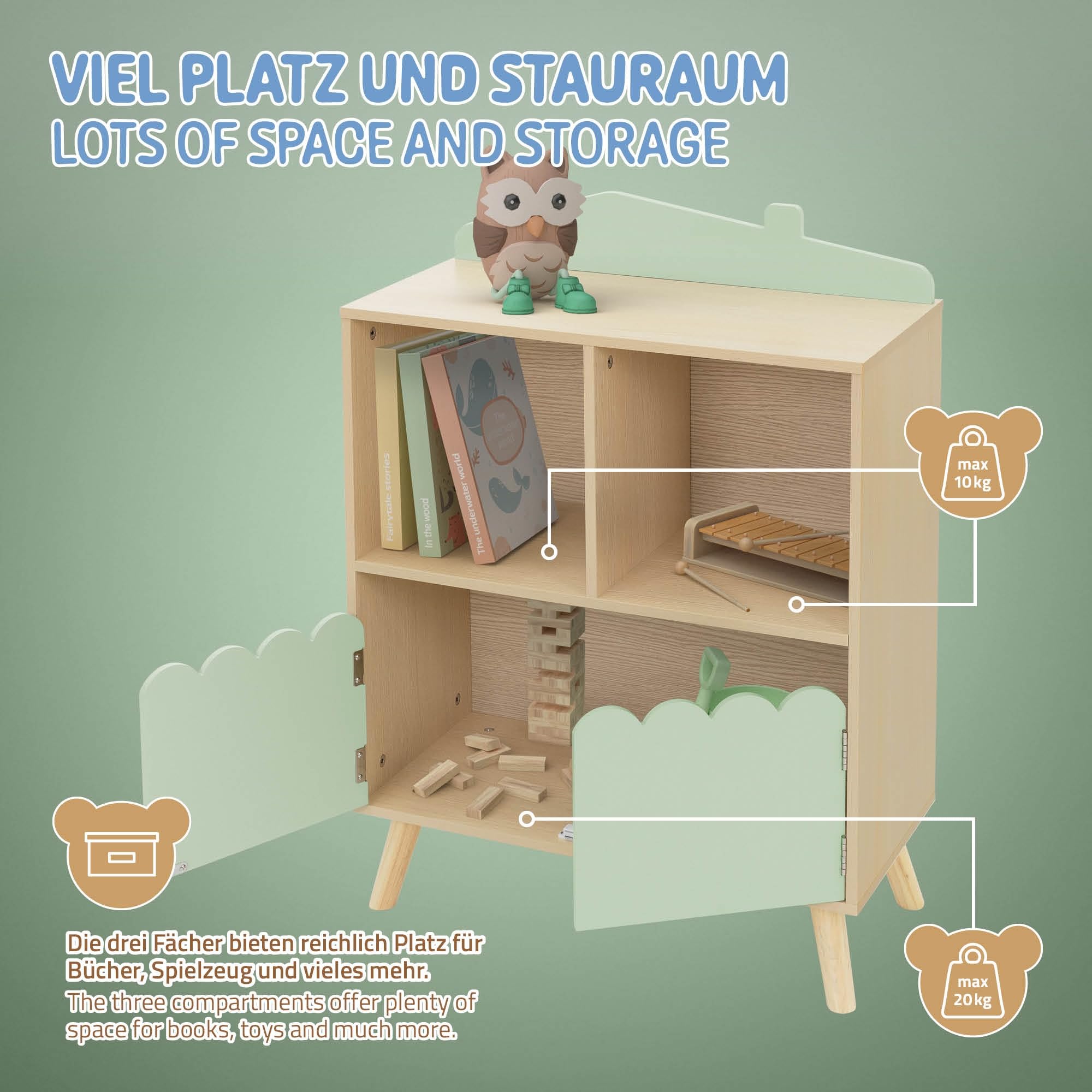 Joyz Etagère pour Enfants avec 3 Compartiments, 60x30x82 cm, Bibliothèque en Bois, Vert Naturel, Design Maison, Armoire à Jouets avec Espace de Rangement, Meubles sur Pied pour Chambre d'enfant