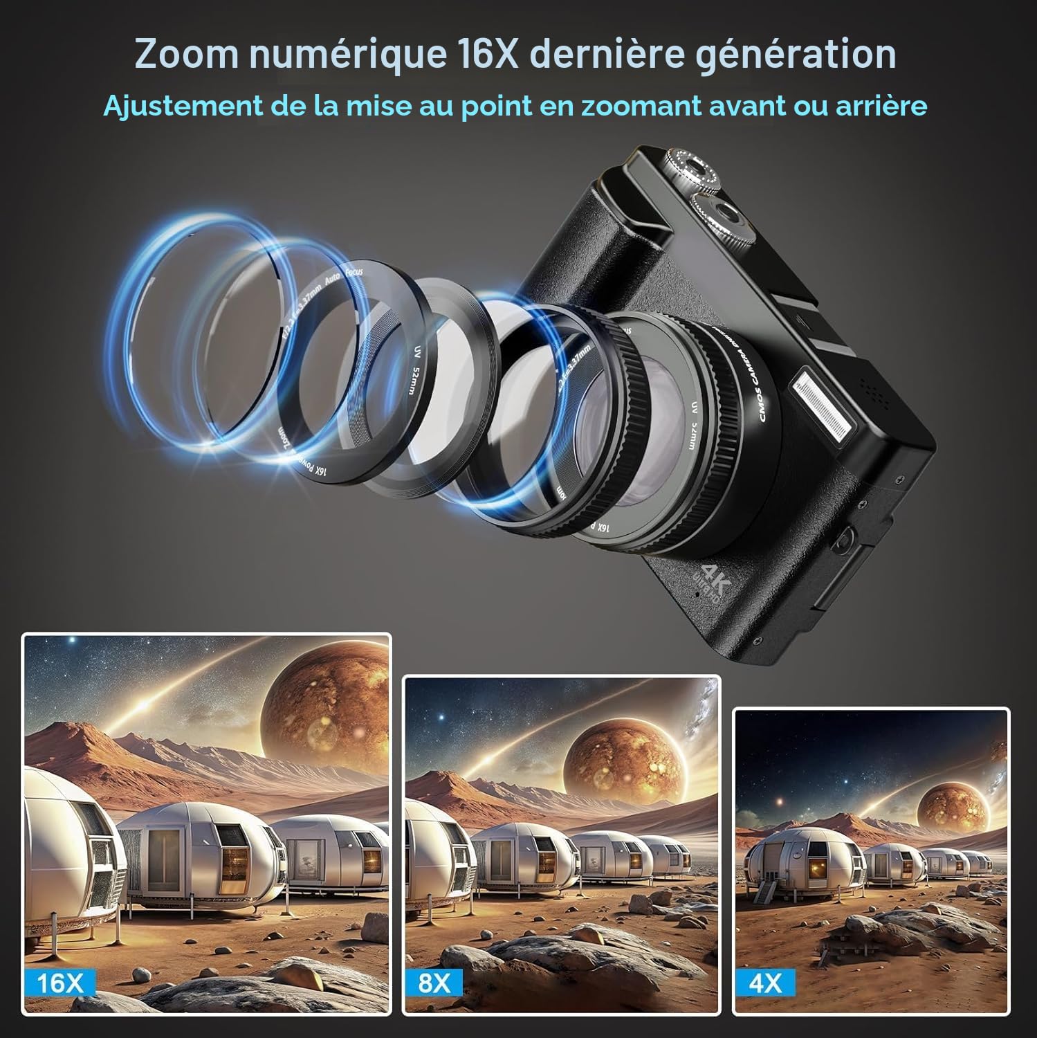 Appareil Photo Numérique 4K 48MP 16X Zoom Numérique Écran Rabattable 180° Autofocus Flash 2 Batteries 32 Go