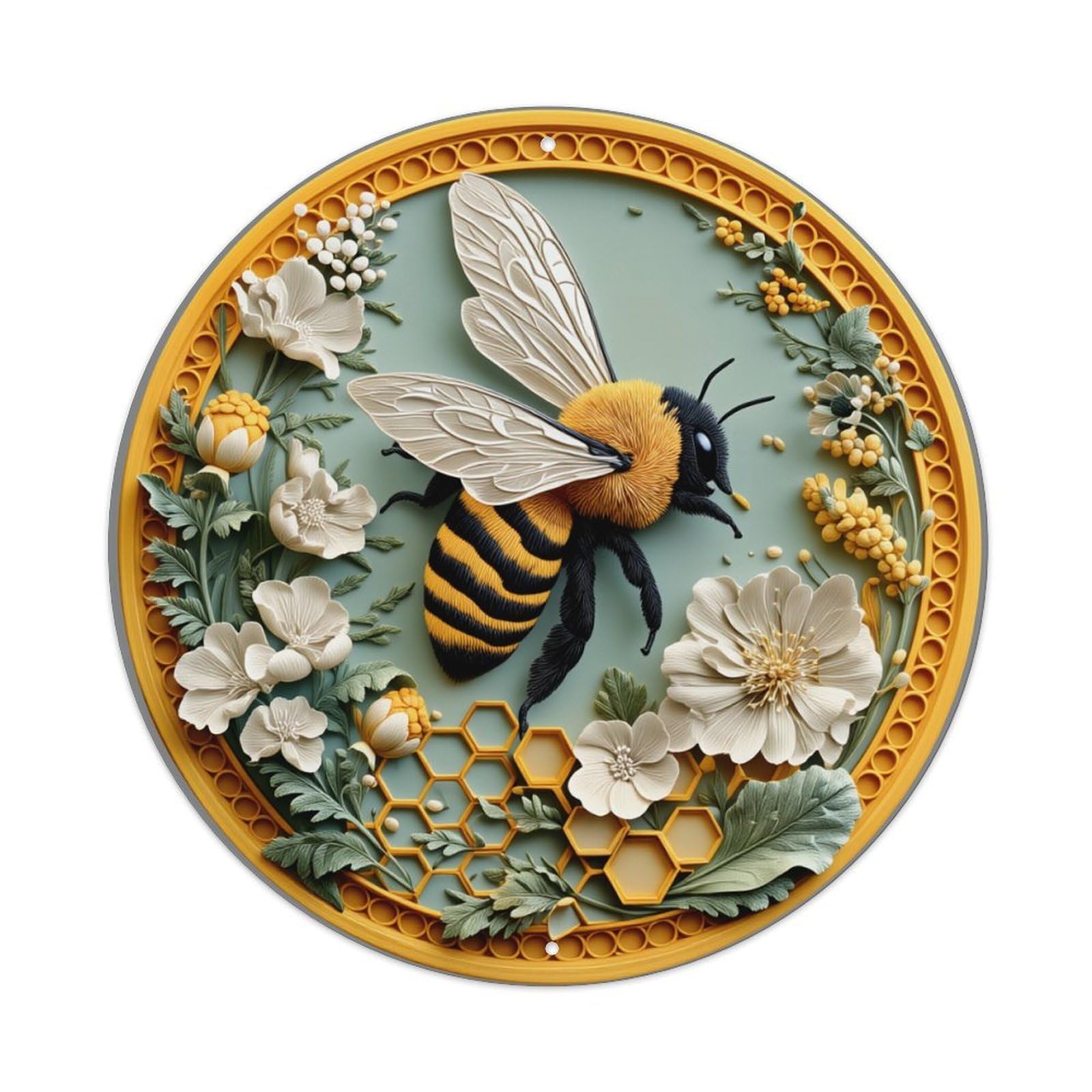 Bee Floral Honeycomb Pattern Art Round Tin Sign Vintage Metal Poster, Home Bar Garage Man Cave Cafe Indoor & Outdoor Wall Decoration 8x8Inches