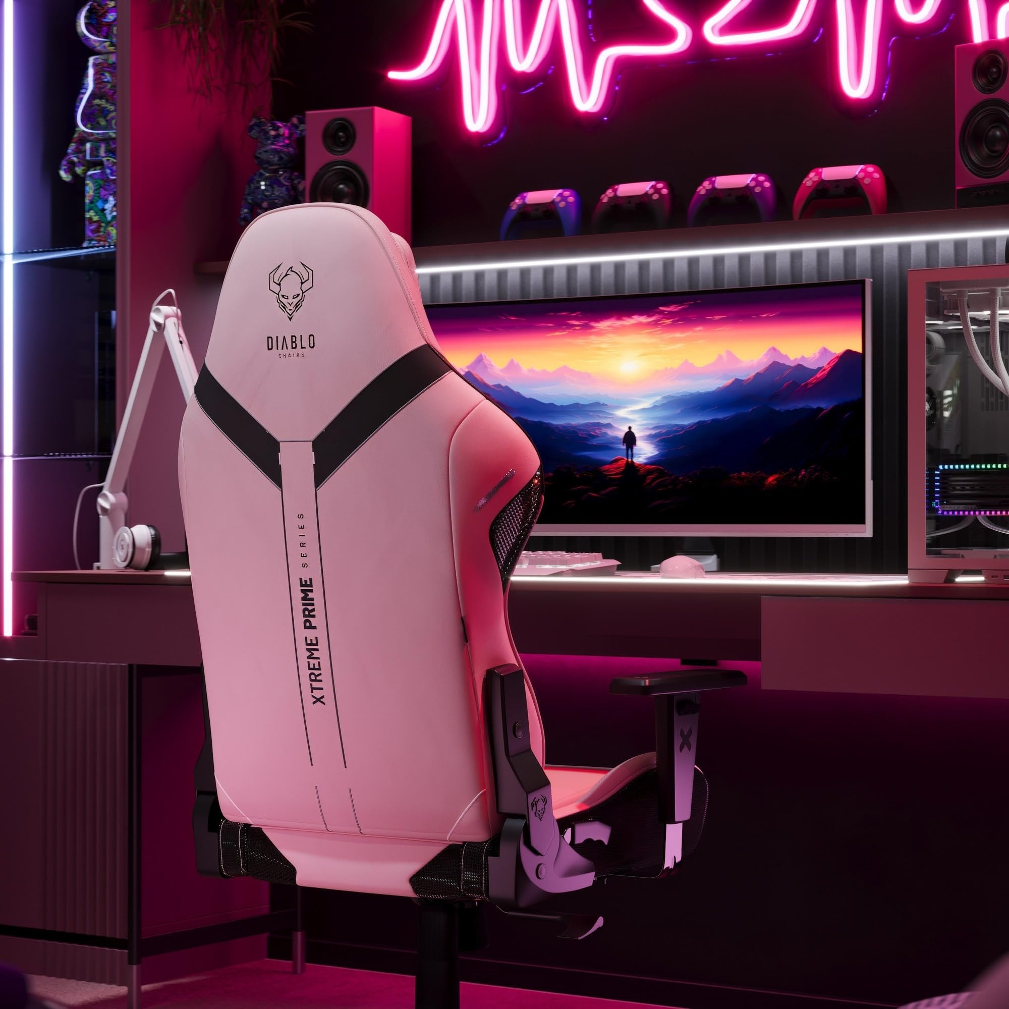 Diablo Gaming Stuhl Stoff X.One Prime Gamer Stuhl Ergonomisch mit Magnetische Kopfstütze und Kühlender Sitz Robuste Metallbasis, Höhenverstellbare Armlehnen Pc Stuhl, Gaming Chair 140 kg Akira Pink