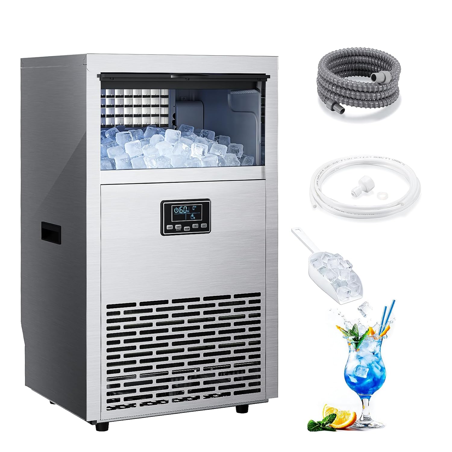 Kismile Commercial Ice Maker, 100 lbs/24H Ice Machine with 29 lbs Storage, Under Counter Ice Maker with LED Display & Self-Cleaning, 304 Stainless Steel Structure for Home, Bar, Outdoor Kitchen