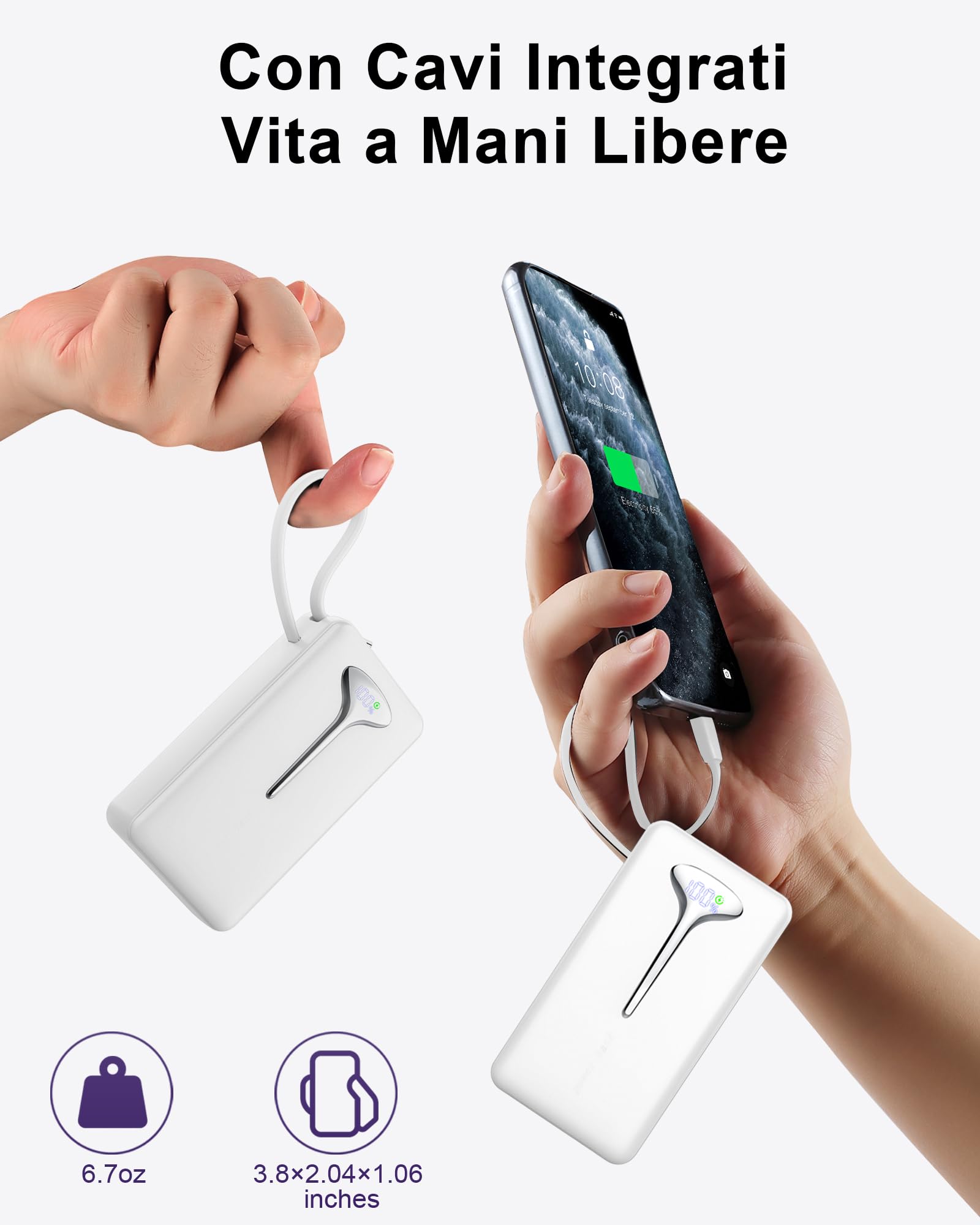 Power Bank, 10000mAh Mini Caricatore Portatile 22.5W Ricarica Rapida, Ultra Portatile Powerbank con USB C Cavo Integrato, Batterie Esterna di 3 porte uscita per iPhone 16 Huawei Xiaomi Android iPad