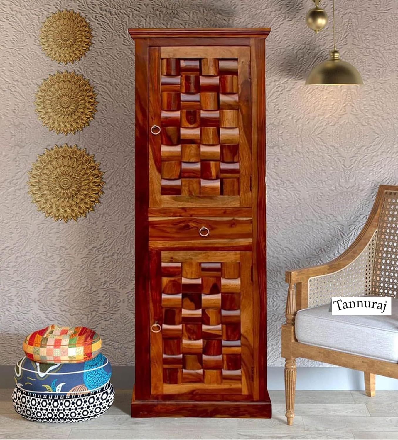 TANNU Handicraft Solid Sheesham Wood Tall Cabinet with 2 Doors for Living Room Bedroom Kitchen Storage | Handcrafted Wavy Pattern | 70x21x16 Inch Wooden Storage Almirah-picture-21