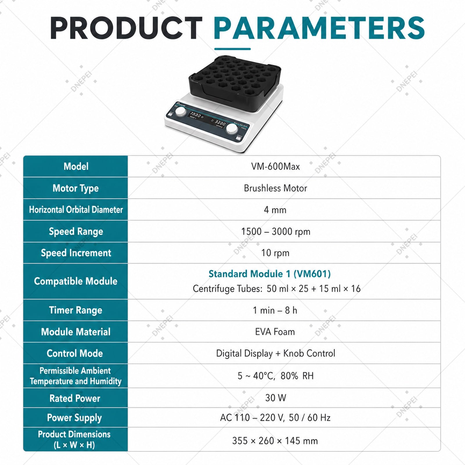 Agitatore per provette multiple VM600MAX, intervallo timer 1 min - 8 h