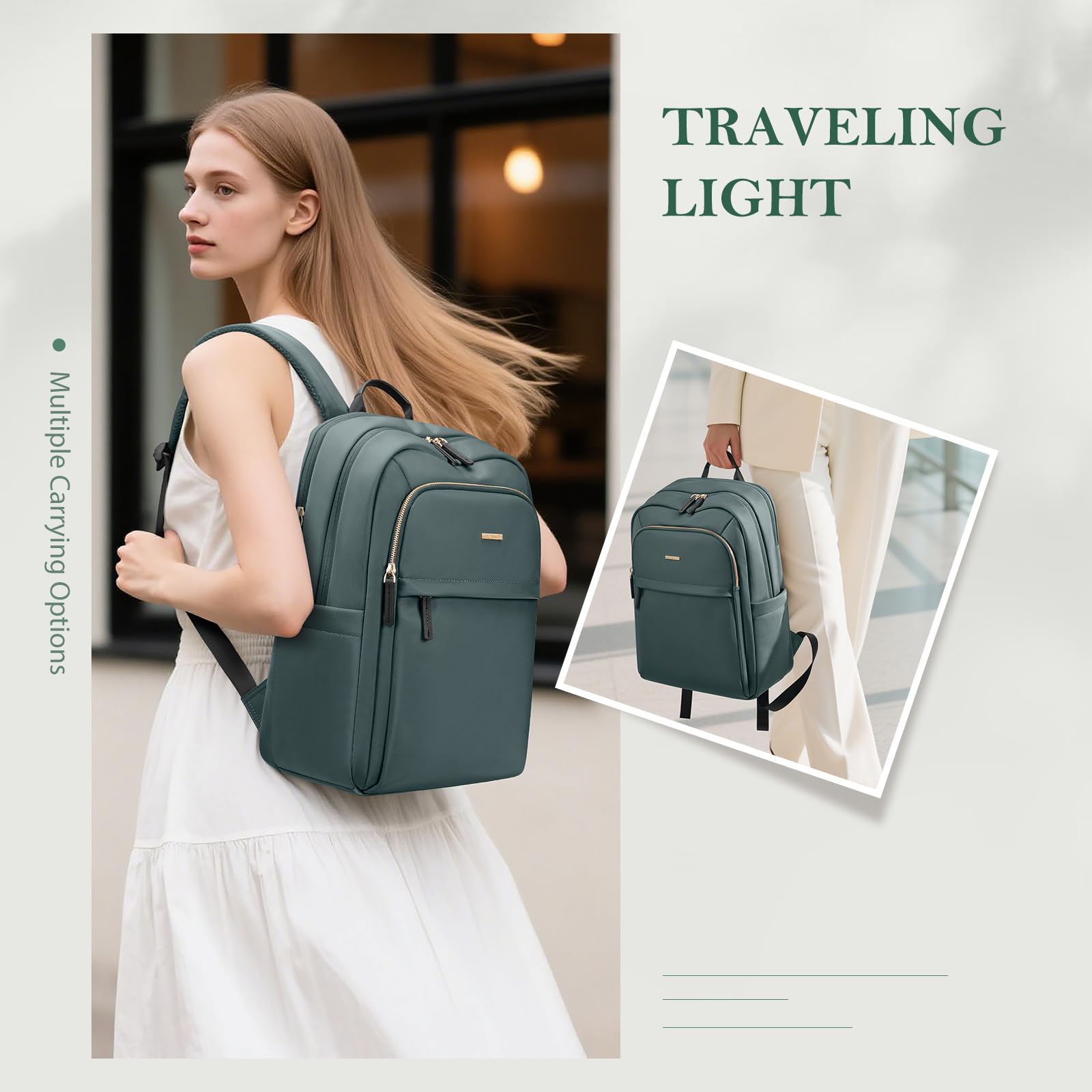 Mochila Para Ordenador Portátil Mujer, Grande Hombre Bolsa de Viaje, Laptop Backpack para Trabajo, Mochila Multicapa para Artículos Personales, 16 Pulgadas,Verde oscuro