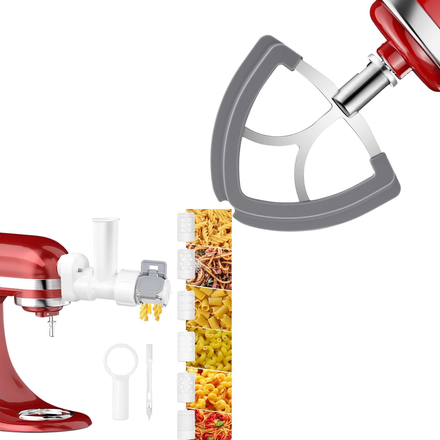 6 IN 1 Gourmet Pasta Maker Attachment & Stainless Steel Flex Edge Beater for KitchenAid Stand Mixer, Homemade Pasta Extruder and Flat Beater Paddle Attachment for Dishwasher Safe