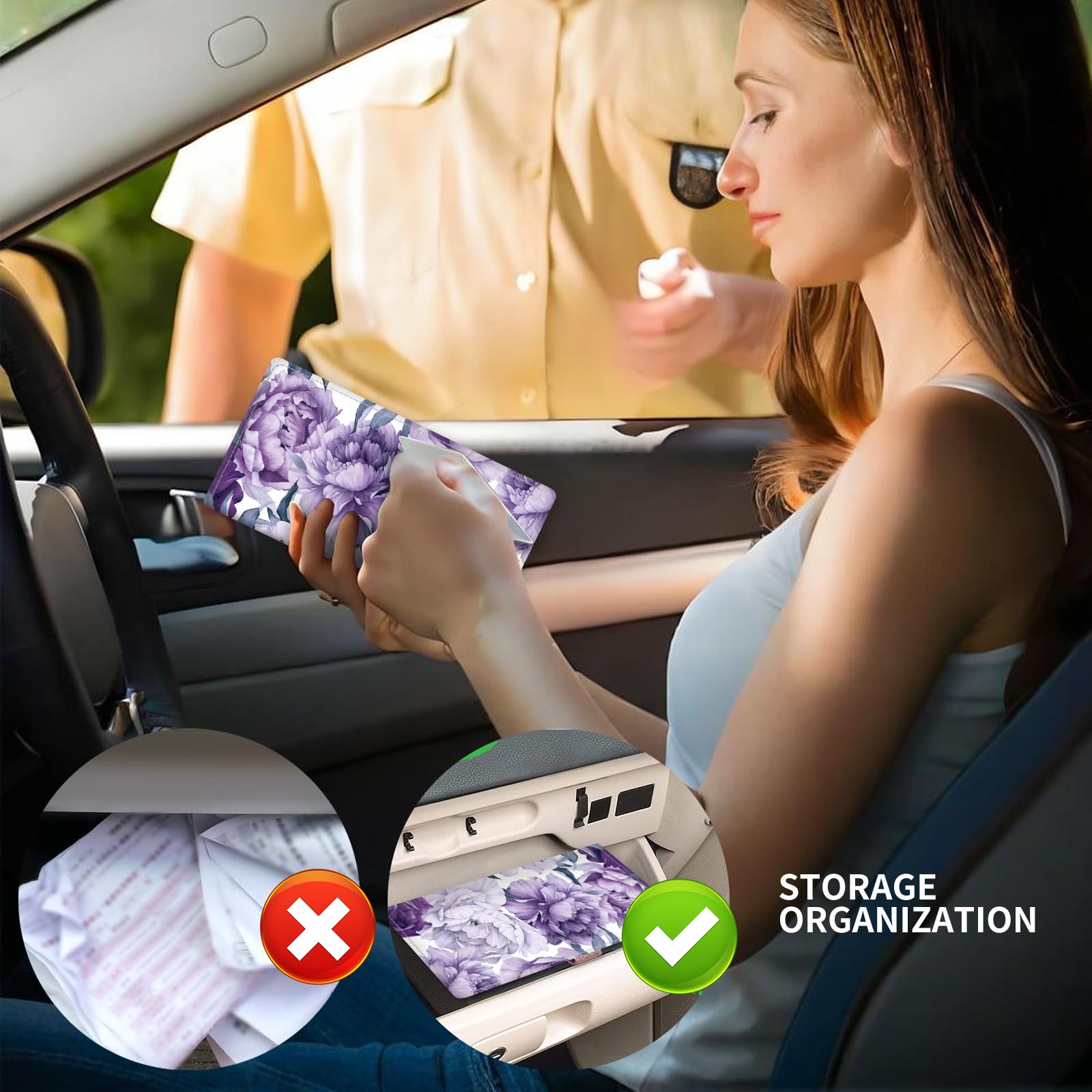 ADUQLZUX Leather Car Registration and Insurance Card Holder, Cute Car Accessories Vehicle Glove Box Car Organizer for Documents, Cards, License Cute Purple Flowers