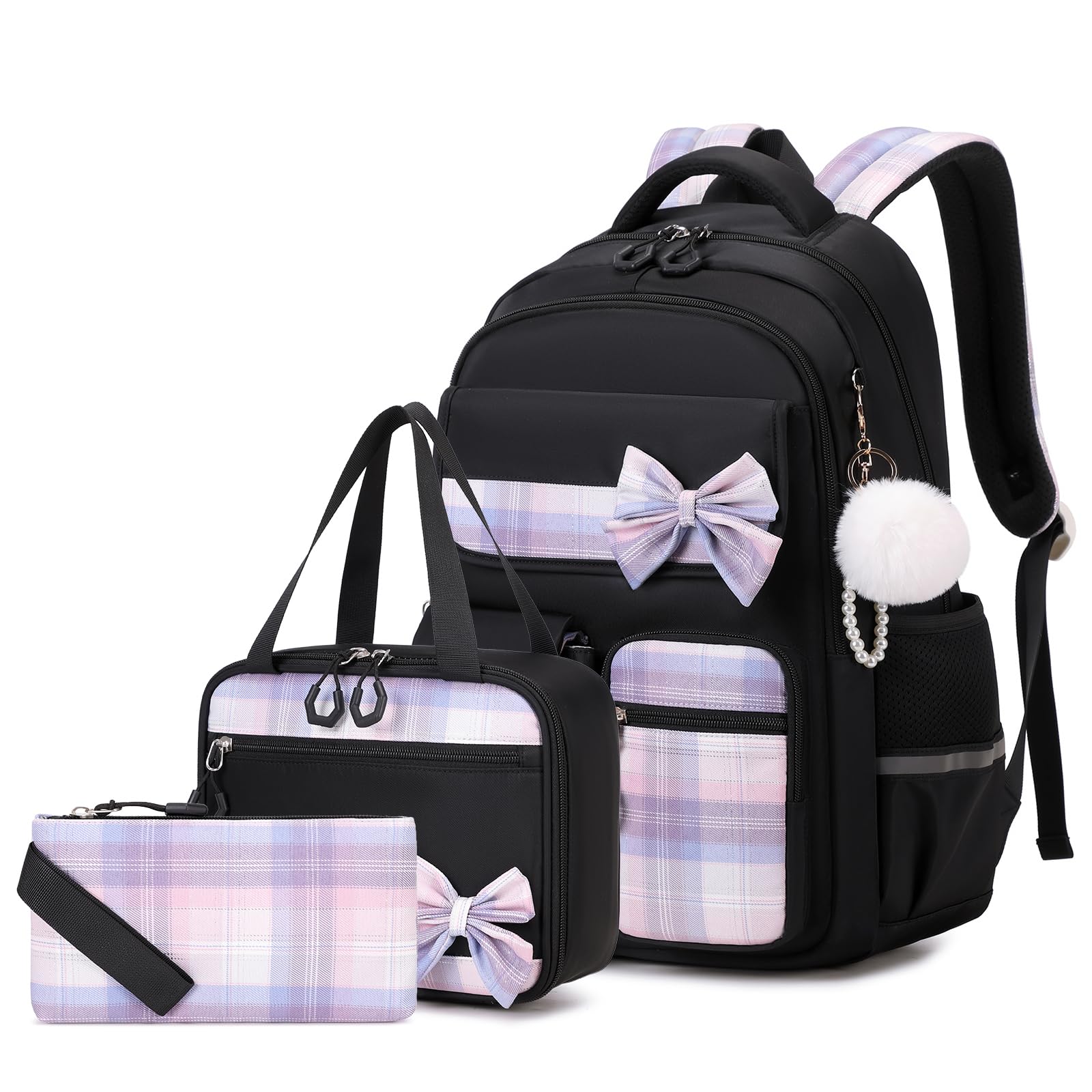 Amythe Schultasche Mädchen Set 3-teilig Schulrucksack mit Lunchtasche Federmappe Schwarz