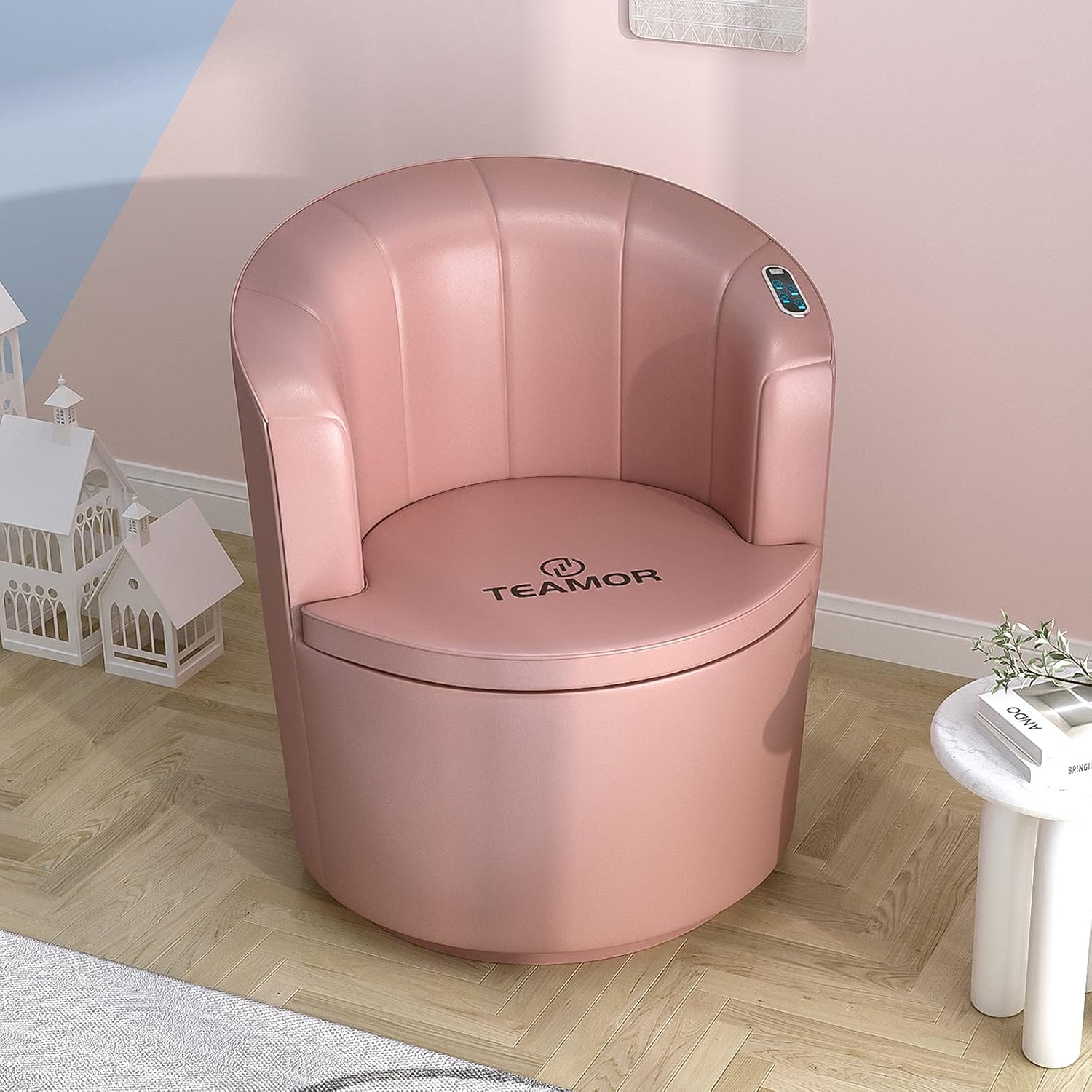 TEAMOR Lounge Back Massage Chair - Slade Contemporary Leisure Massager Armchair for Salon Spa and Home, Round Barrel Accent Swivel Chair, Light Pink : Beauty & Personal Care