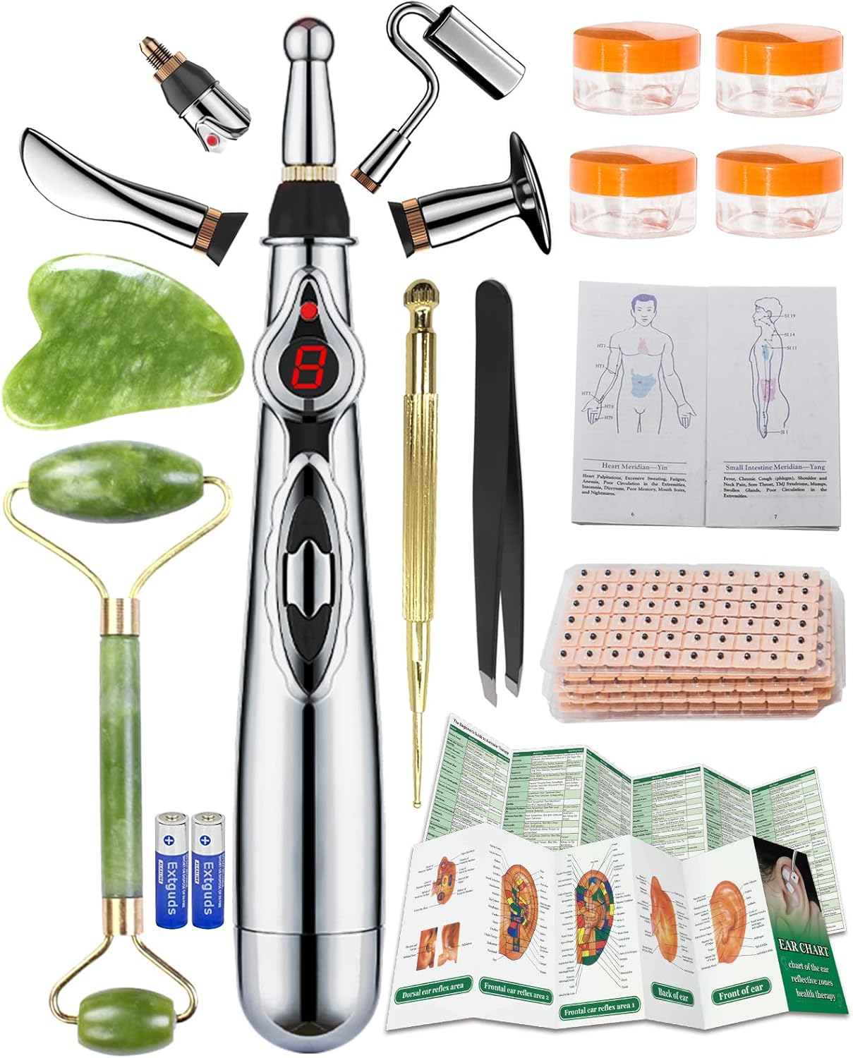 Acupuncture Super Set: 5-Head Electronic Acupuncture Pen+ Gua Sha Tool+600 Ear Seeds+ Retractable Acupuncture Pen+ 4 x Extra Massaging Gel+ Tweezers + Manual+ Batteries + 2 x Acupoint Chart