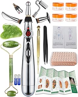 Acupuncture Super Set: 5-Head Electronic Acupuncture Pen+ Gua Sha Tool+600 Ear Seeds+ Retractable Acupuncture Pen+ 4 x Extra Massaging Gel+ Tweezers + Manual+ Batteries + 2 x Acupoint Chart