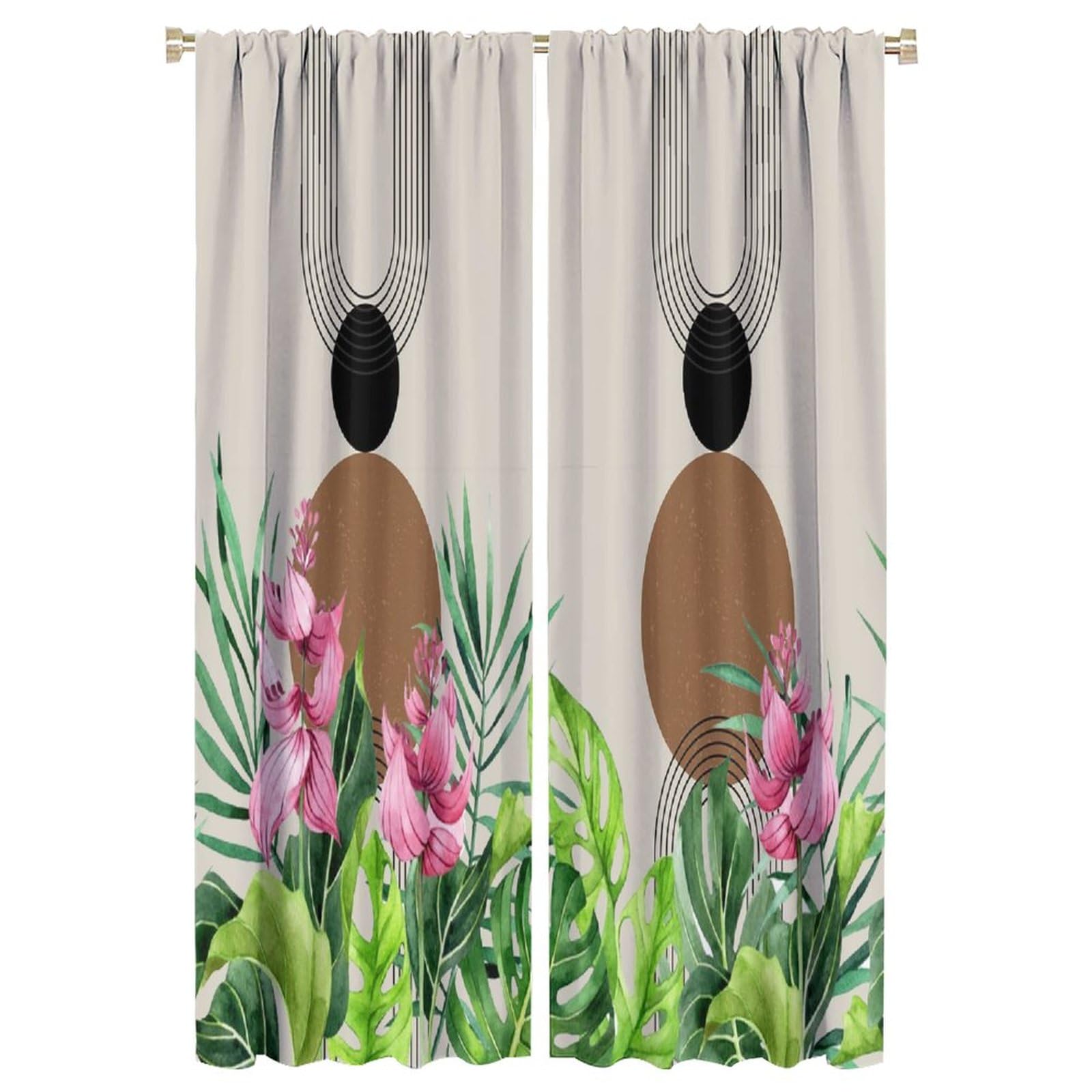 Boho Mid Century Blackout Curtains - Abstract Modern Mountain Sunrise with Leaves for Home Kitchen Livingroom Coffee Room Curtains Window Drapes 2 Panels 42x63in