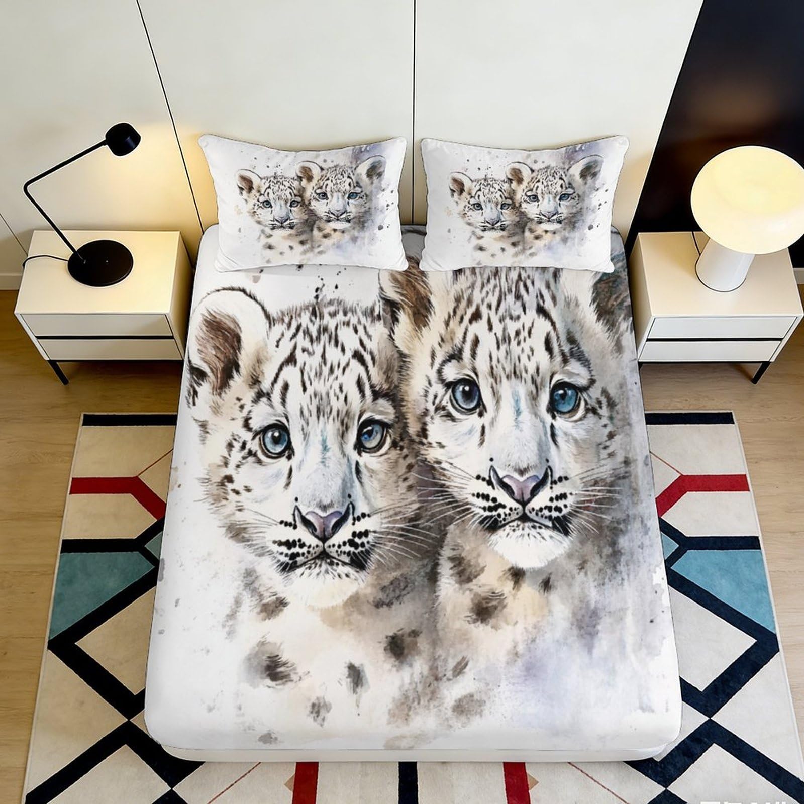 3D Printed Snow Leopard Fitted Sheet Microfiber Deep Pocket Bedding Non-Slip Snow Leopard Mattress Fitted Cover for Bedroom Adult Teen 160x200x25cm