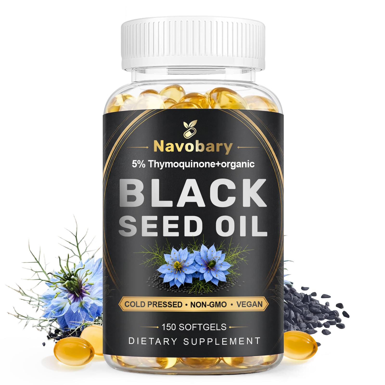 Navobary Óleo de cominho-preto 500 mg com 5% de timoquinona, 150 cápsulas gelatinosas