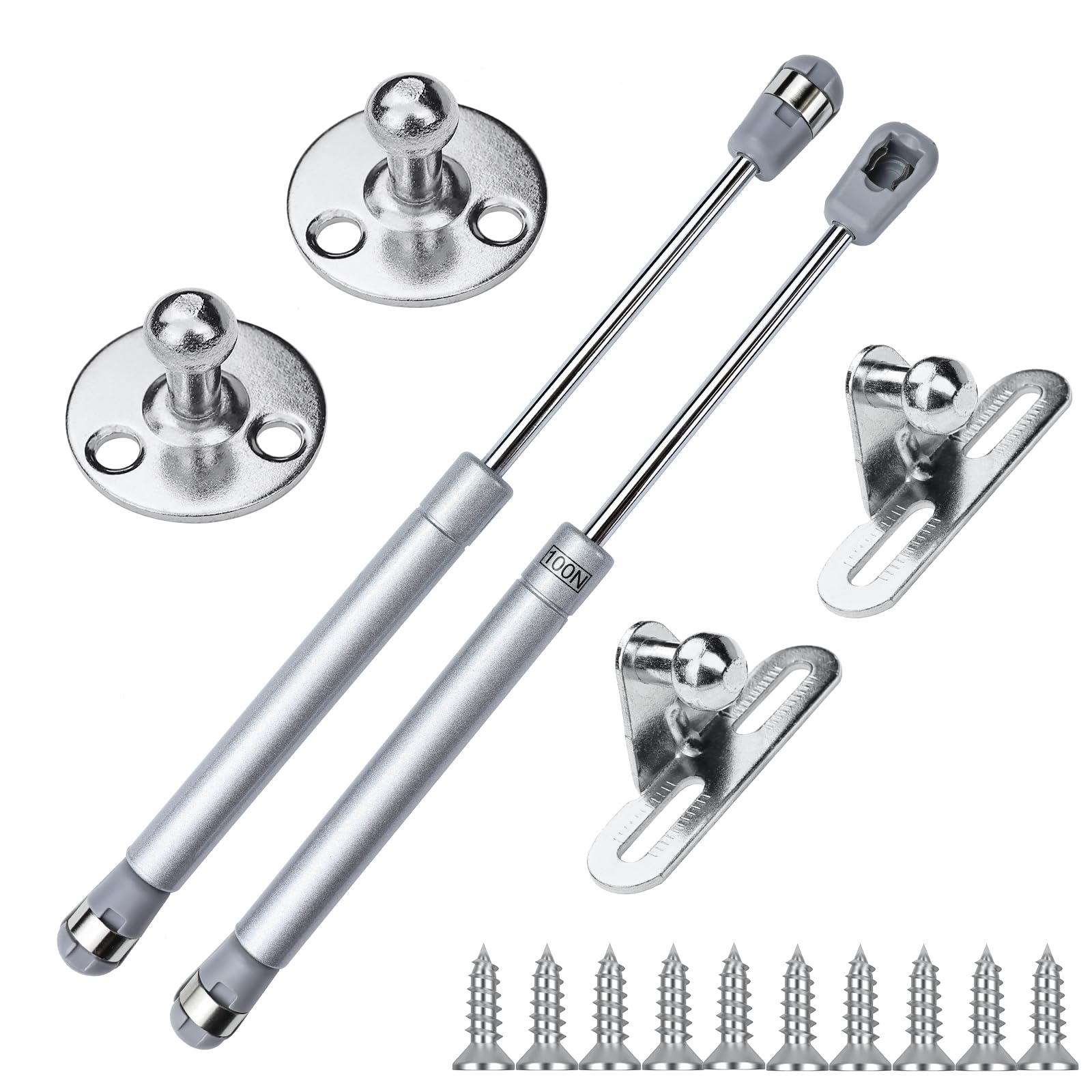 2 Pezzi Molle a Gas 100N Pistoni per Ante Cucina, Pistoncini per Mobili, Ammortizzatori per Ante, Adatto per Stoccaggio Scatole, Porte in legno, Cerniere Armadio e Braccetti Regolabili, Argento - 1