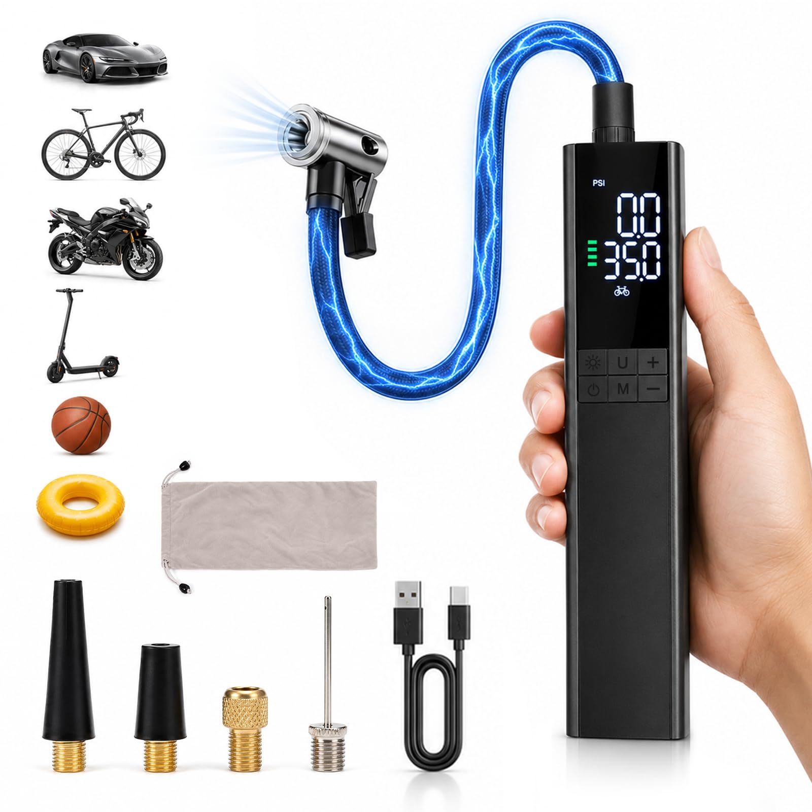Bomba de aire eléctrica 150PSI con autostop – Compresor de batería EPERSU portátil, preajuste preciso de presión bomba de bicicleta para coche, moto, bicicleta eléctrica, scooter eléctrico y pelotas