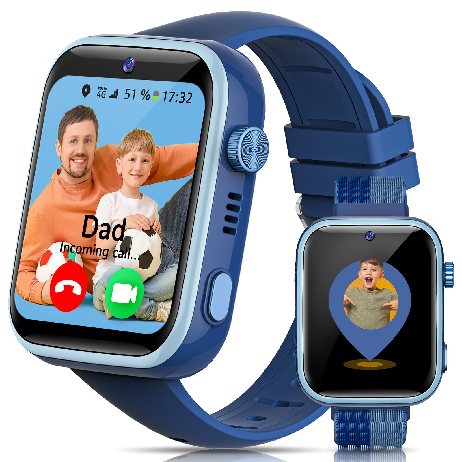 4G Montre Connectée Enfants avec Appels, Appels Vidéo, Chat Vocal, WiFi, GPS, SOS, SMS, Étanche IP68, Mode École et Podomètre, Smartwatch Enfants avec Écran HD 1,83'' Bleu