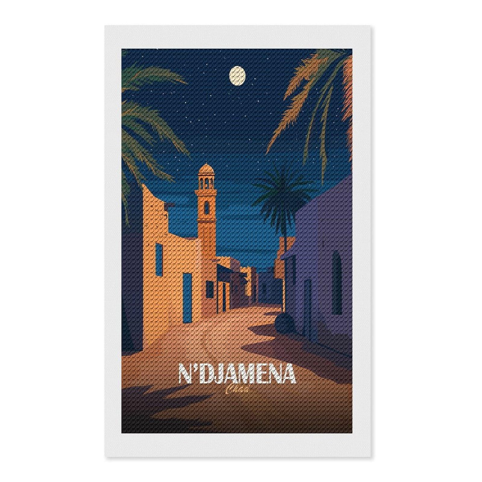 Junmoney NDjamena Chad Nightscape Illustration Diamond Painting Canvas Set 12"x20", with Tool Kit, Easy to Enjoy, Home Wall Decor, Thoughtful Handmade Gift