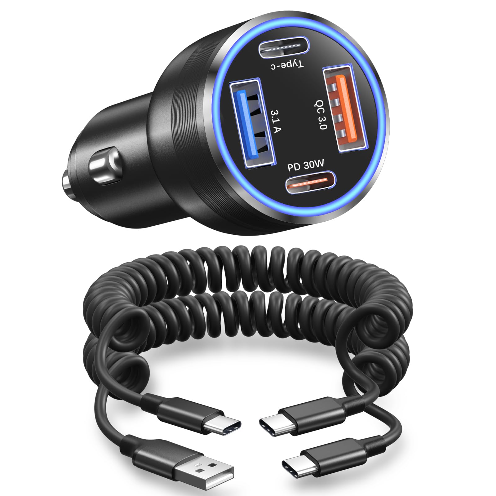 65W USB C Car Charger, OKRAY 4-Port Car Charger PD30W&QC3.0 Fast Charging MultiPort Cigarette Lighter Adapter+2Pack Coiled USB C Carplay Cables for iPhone 16e 15 16 Pro Max, Samsung Galaxy S25 A16 A15