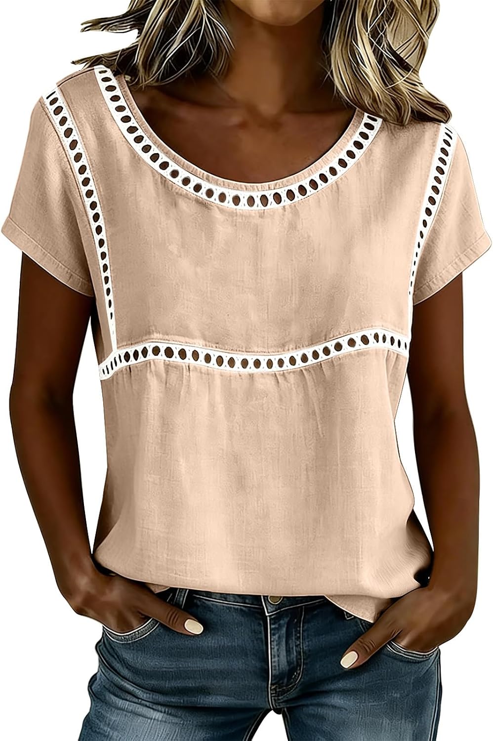 Spring T-Shirts for Women Short Sleeve Crewneck Loose Fit Casual Summer Tops Lightweight Lace Patchwork Tees