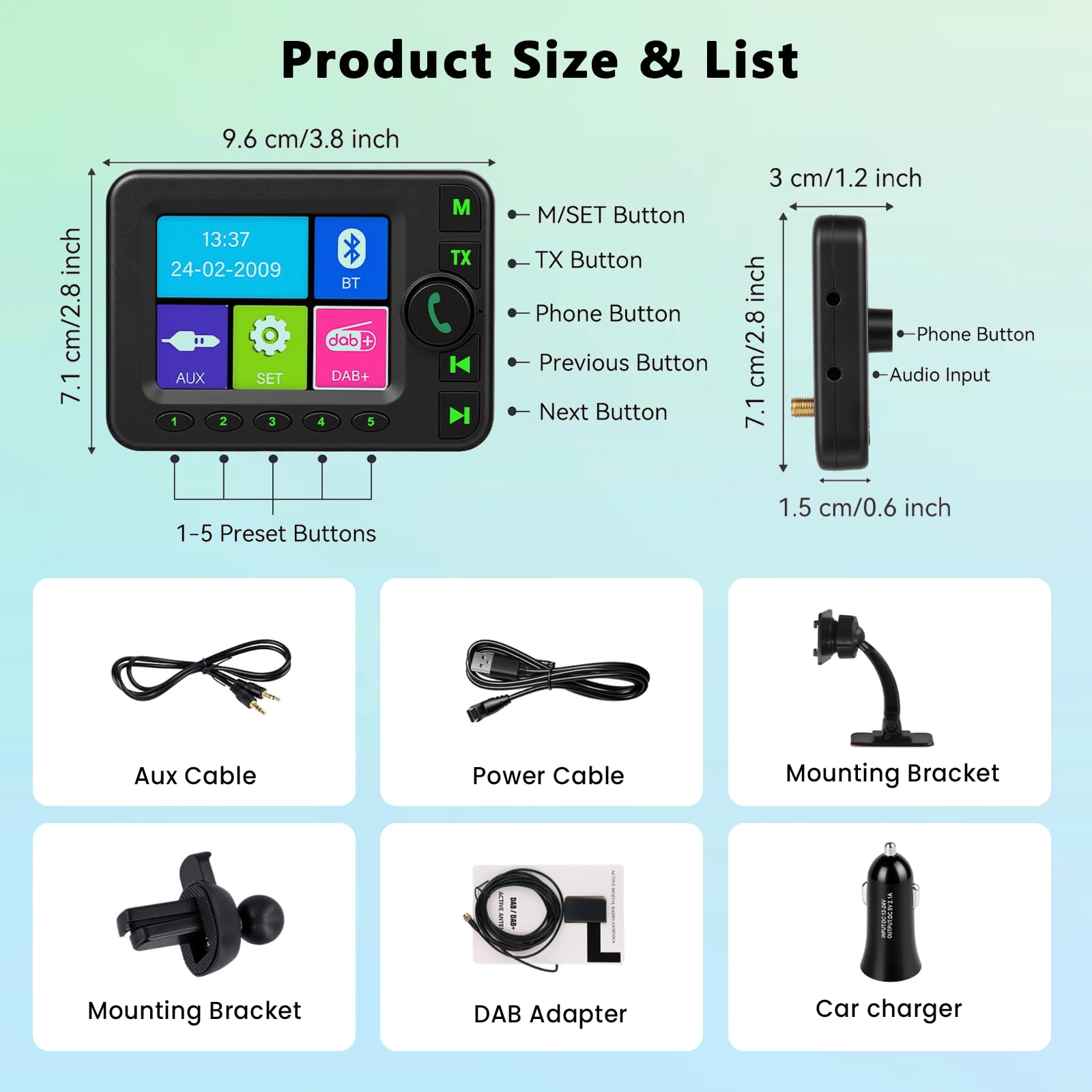 Roinvou Adattatore DAB/DAB+ Portatile per Auto Radio DAB con Display LCD 2,4 Pollici, Vivavoce Bluetooth, Trasmettitore FM, Ingresso AUX, Slot TF