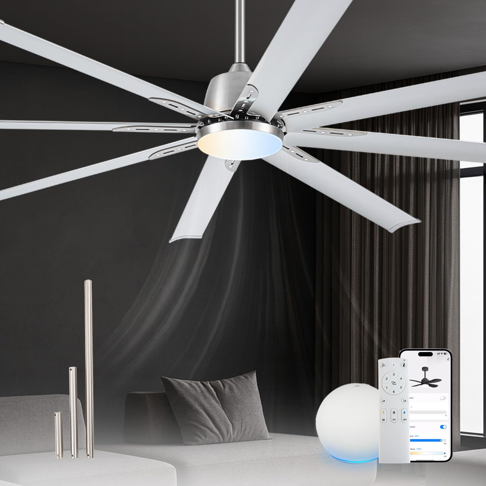 72 lnch lndustrial Smart Celing Fan with Light and Remote Control via WIFI Alexa,Large Celing Fan with 8 Brushed Nickel Aluminum Blades,6 Speed Noiseless DC Motor Indoor Outdoor Ceiling Fans for Patio