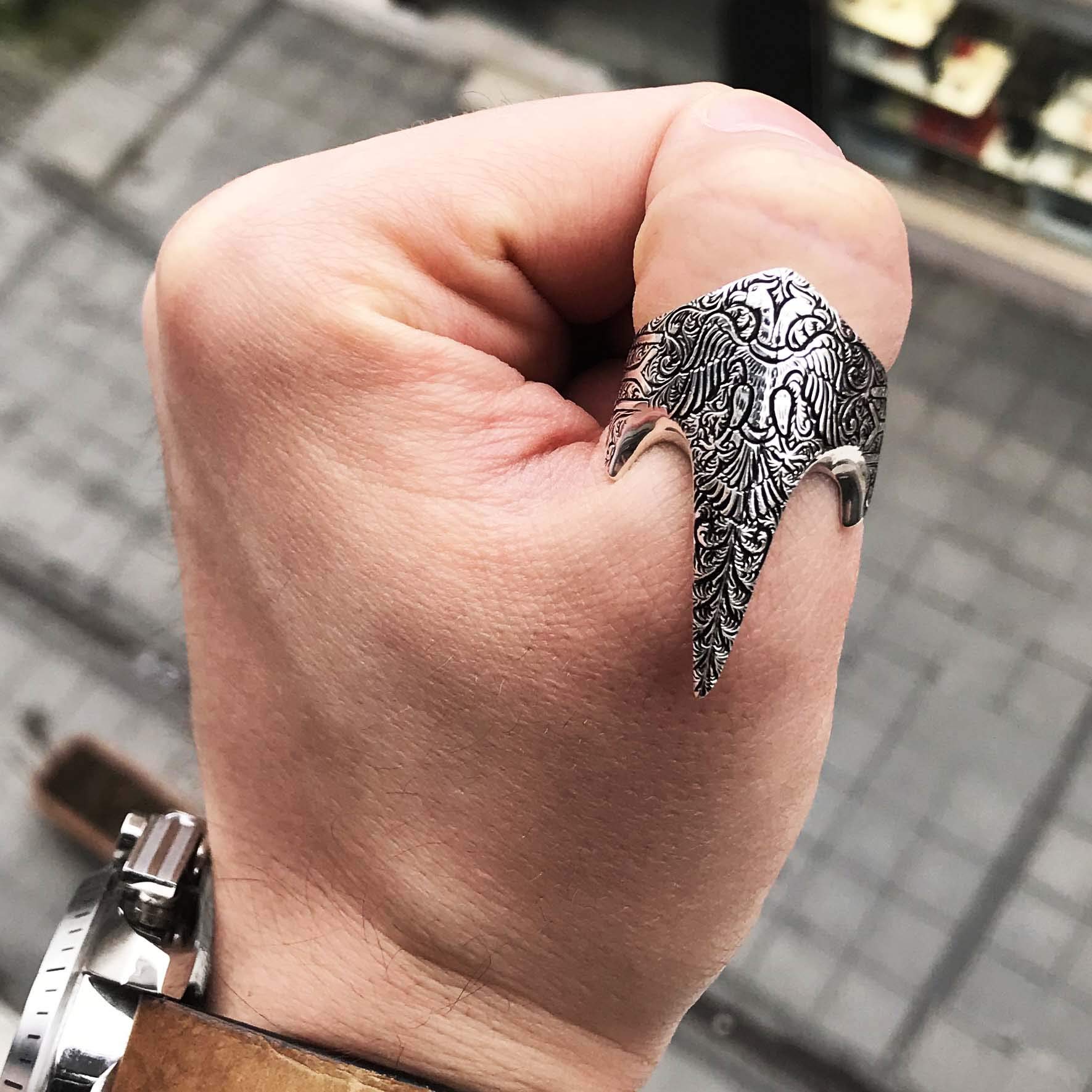 Solid 925 Sterling Silver Double Headed Eagle IYI Kayi Tribe Archer Thumb Mens Ring product thumbnail 6