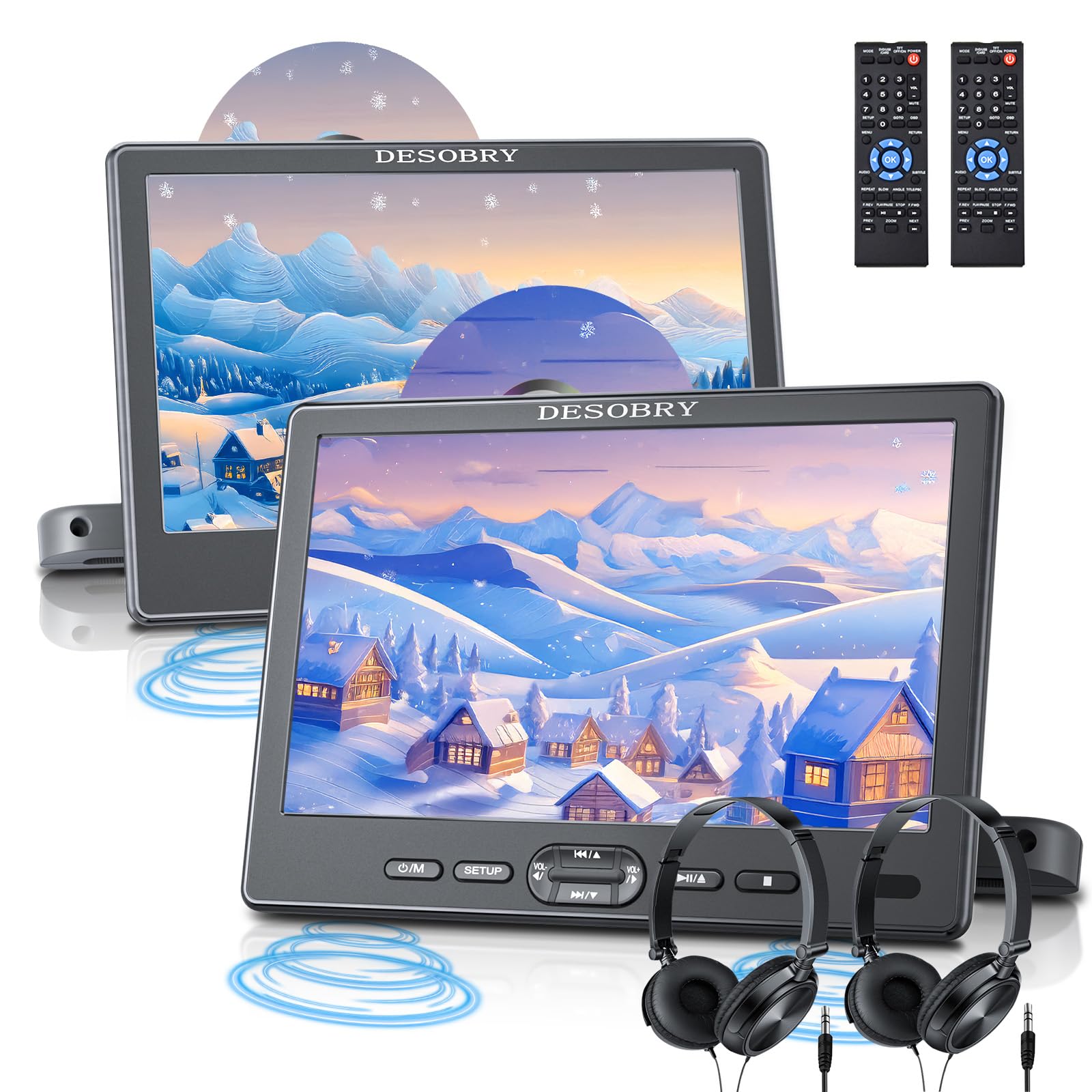 10,5 Zoll Auto DVD Player 2 Bildschirme mit Slot-Loading-Disc und HDMI-Eingang, 2 Kopfhörern, 2 Halterungen, Auto Fernseher für Kinder Unterstützt Letzter Speicher, Regionsfrei, USB-SD-Karte