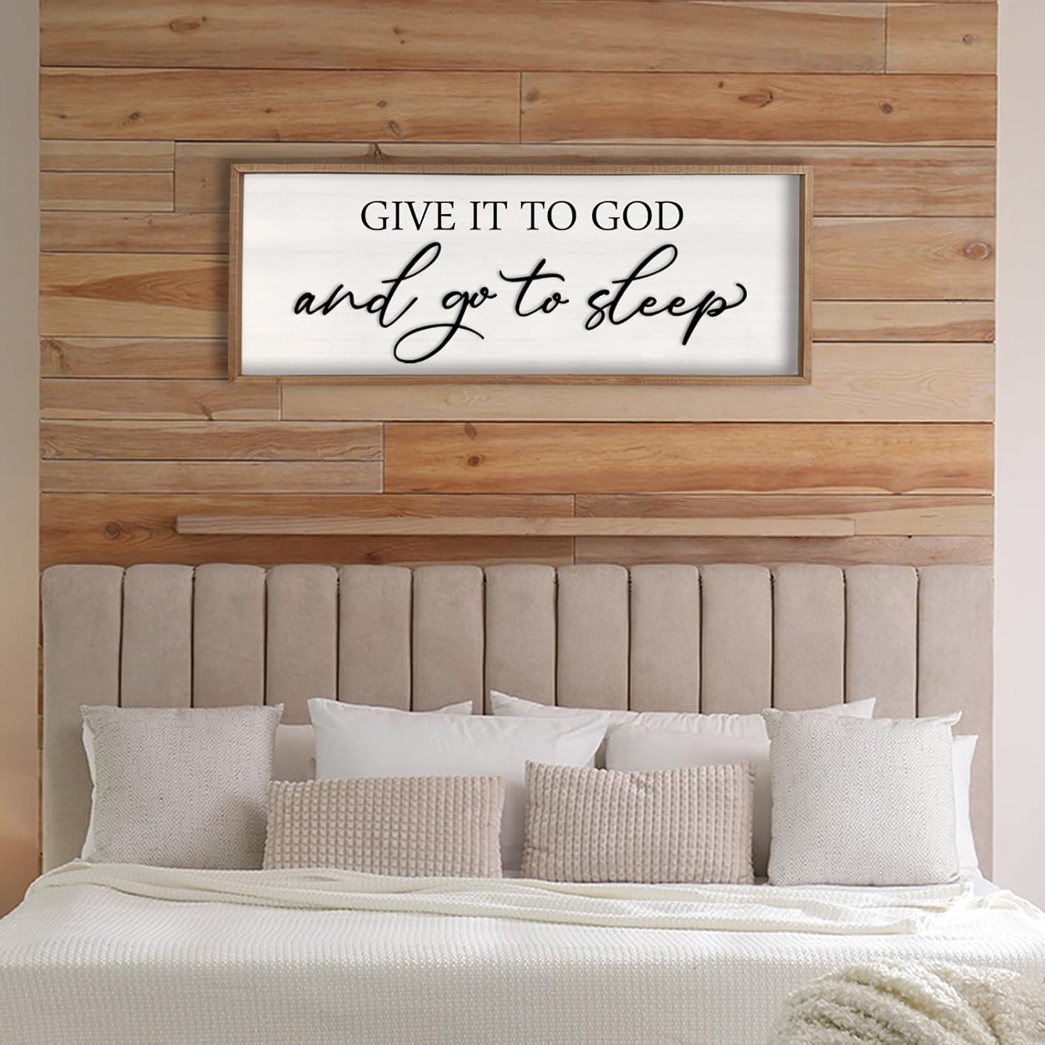 RLWangChao 3D Give it to God and Go to Sleep Sign Wall Decor Wood Frame 40" X 15" Master Bedroom Above Bed Large Rustic Farmhouse Hanging Over Bed Wall Art Guest Room Decoration (Wood) 40''×15'' Wood