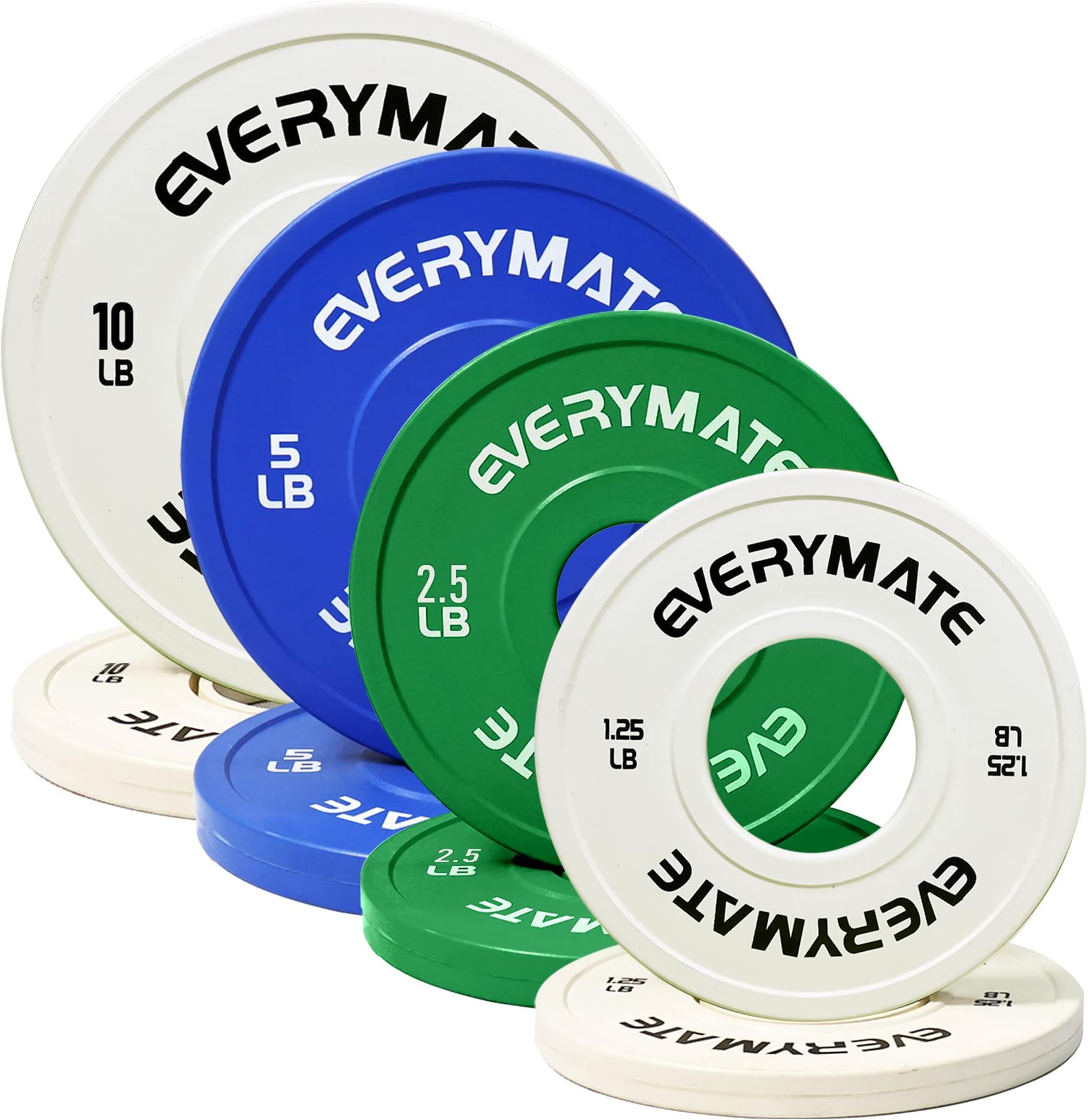 EVERYMATE Weight Plates 1.25LB, 2.5LB, 5LB, 10LB Set - Fractional, Olympic, Bumper - Steel Insert, Rubber Coated - White, Green, Blue - Strength Training