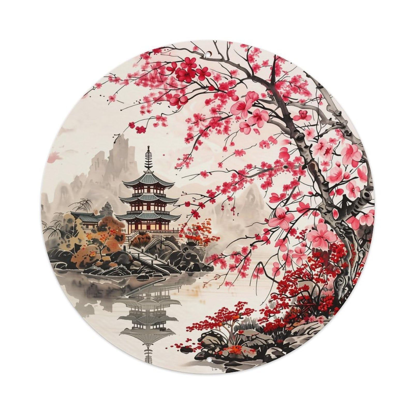 Cherry Blossom Pagoda Landscape Art Vintage Metal Tin Sign Retro Wall Decor for Home Bar Garage Cafe, Indoor & Outdoor Decorative，circle Metal Poster, 8x8 Inch