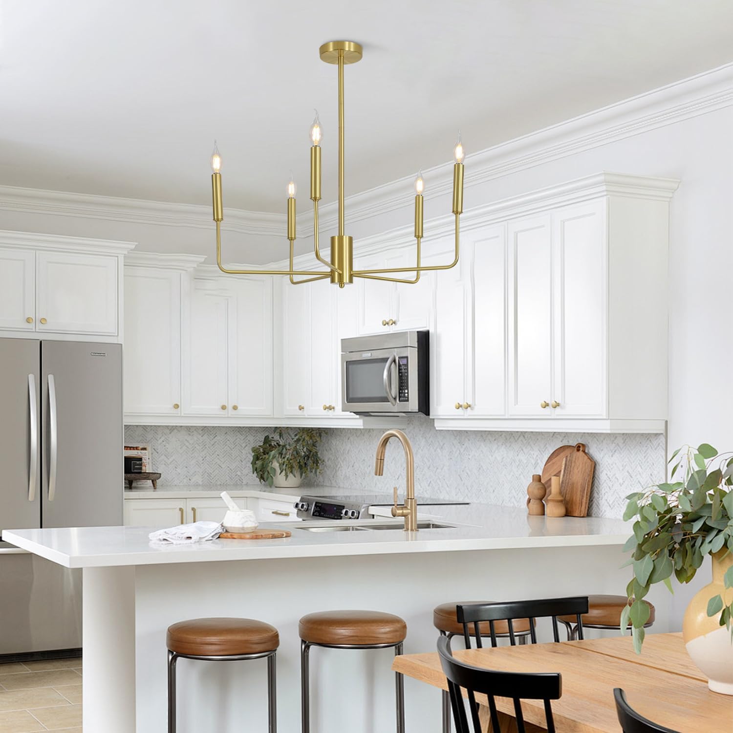 KCO Lighting 5 Light Industrial Candle Chandelier Ceiling Light Fixture Mid Century Modern Dining Room Chandelier Contemporary Brushed Gold Chandeliers for Living Room Foyer