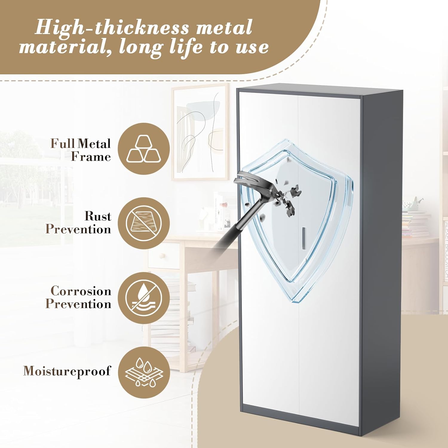 Infographic highlighting the high-thickness metal material, full metal frame, rust prevention, corrosion prevention, and moistureproof features of the cabinet.