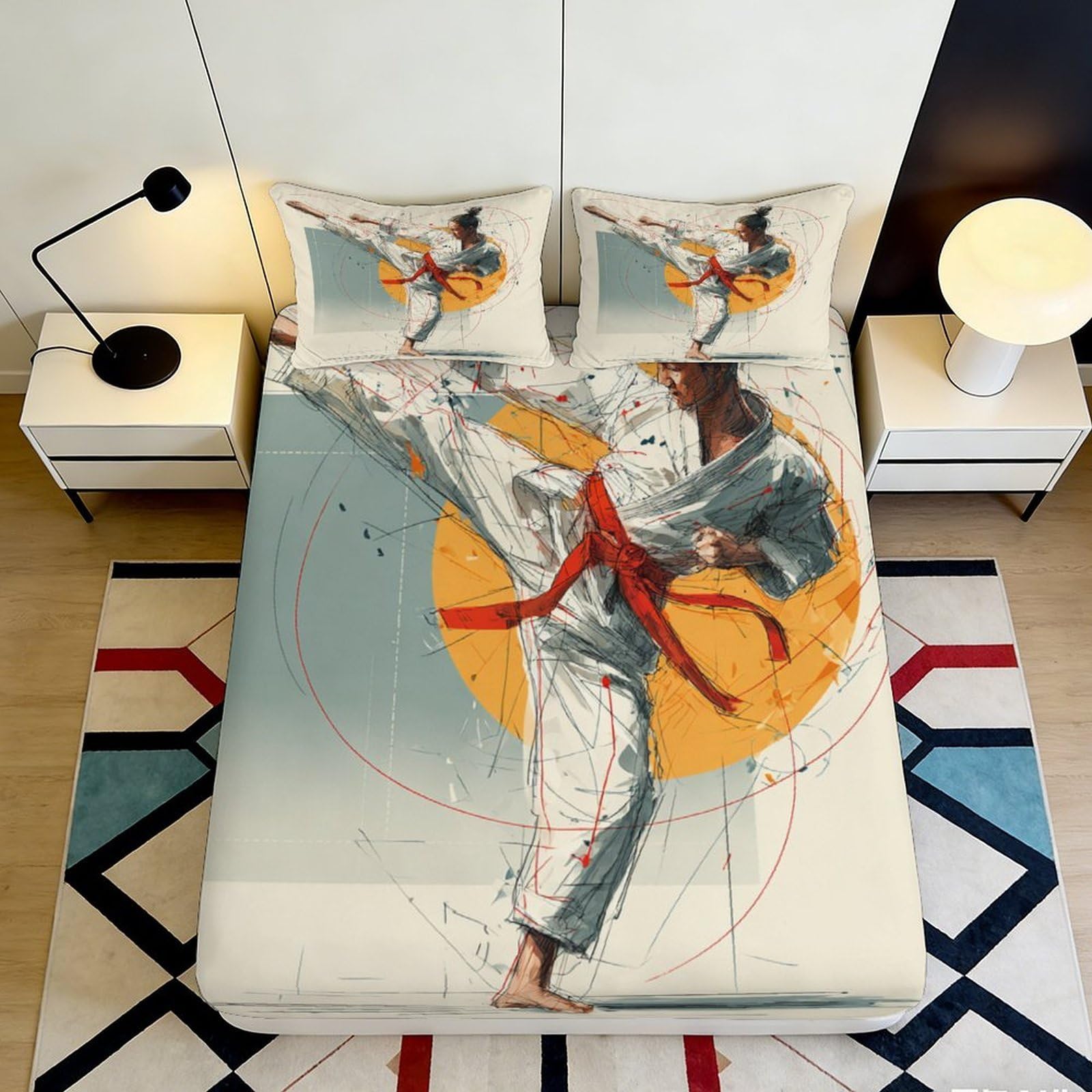 3D Printed Karate Kicking Fighter Fitted Sheet Microfiber Soft Breathable Sun Motif Mattress Cover for Bedroom Decor 90x200x25cm