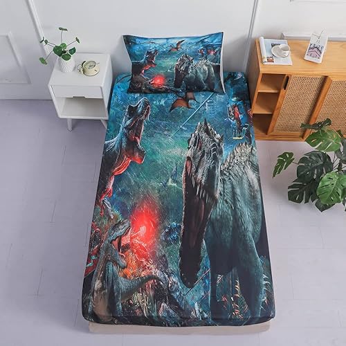 Juego de sábanas de dinosaurio para niños, tamaño individual, juego de cama de dinosaurio para niños, sábana bajera ajustable y funda de almohada 3D