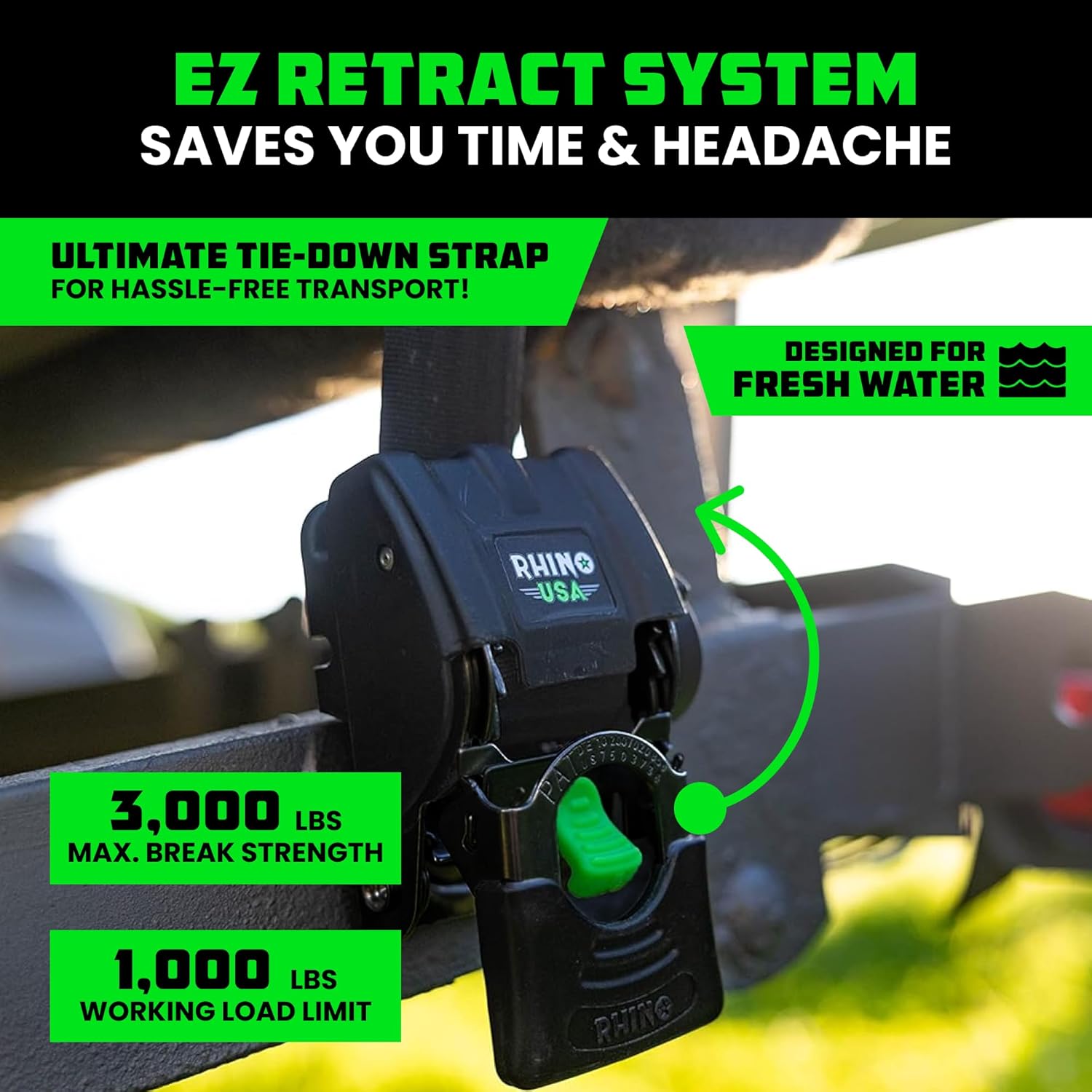 Rhino USA Retractable Boat Trailer Tie Down Straps 2PK – Durable (2in x 43in) Trailer Mount Transom Straps for Boat, Jet Ski – Powder Coated Black Steel – Fresh Water Compatible - Image 2