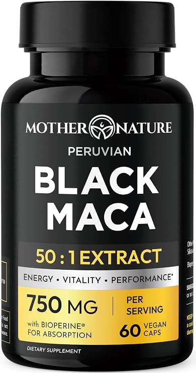Black Maca Root 50:1 750mg 60 Capsules Organic Peruvian Maca Peruana Supplement for Men | High Potency Energy, Mood & Performance Support | Vegan, Non-GMO