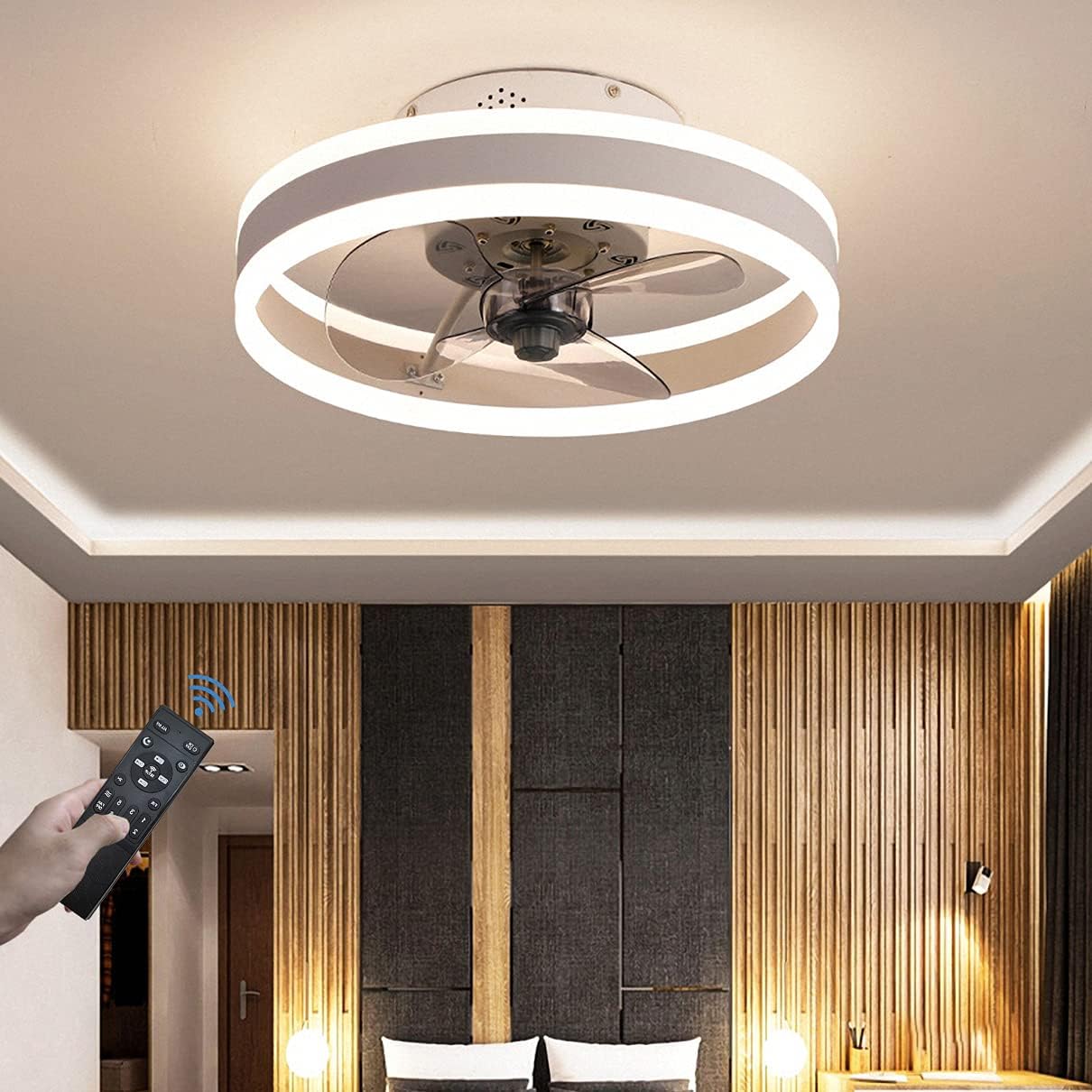 Ventilador de techo Con Encendiendo, Reversible Silencio Ventilador, Invierno Disponible, LED Lámpara de techo, Regulable, Ajustable de 6 velocidades, para Sala de estar Cuarto Comedor,Blanco,40CM