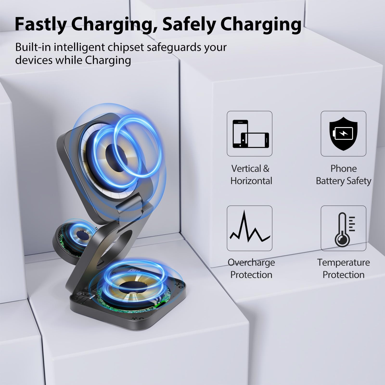 KU XIU X55 15W Magnetisches Ladestation für Magsafe, Faltbar 3-in-1 Ladestation Reise, Ladegerät Ständer für Apple Watch und iPhone 17-12 & AirPods, Mit 30W USB-C Netzteil, Grau