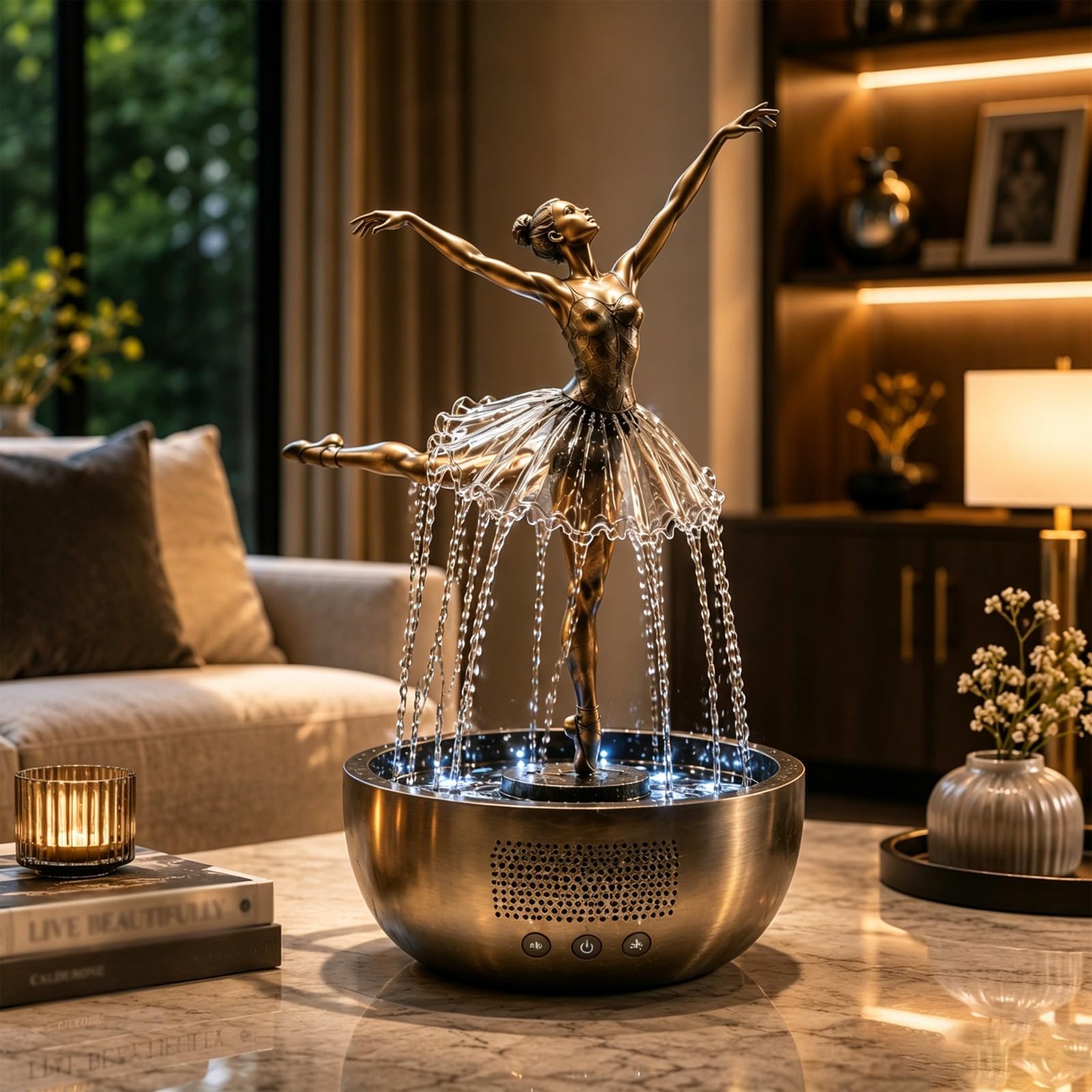 Ballerina Wasserfall Bluetooth-Lautsprecherbrunnen, Kunstvolle Ballerina-Skulptur Bluetooth-Lautsprecher mit fließendem Wasserrock, LED-Licht, entspannende Musik, Entspannungsdekor für Zuhause, Büro