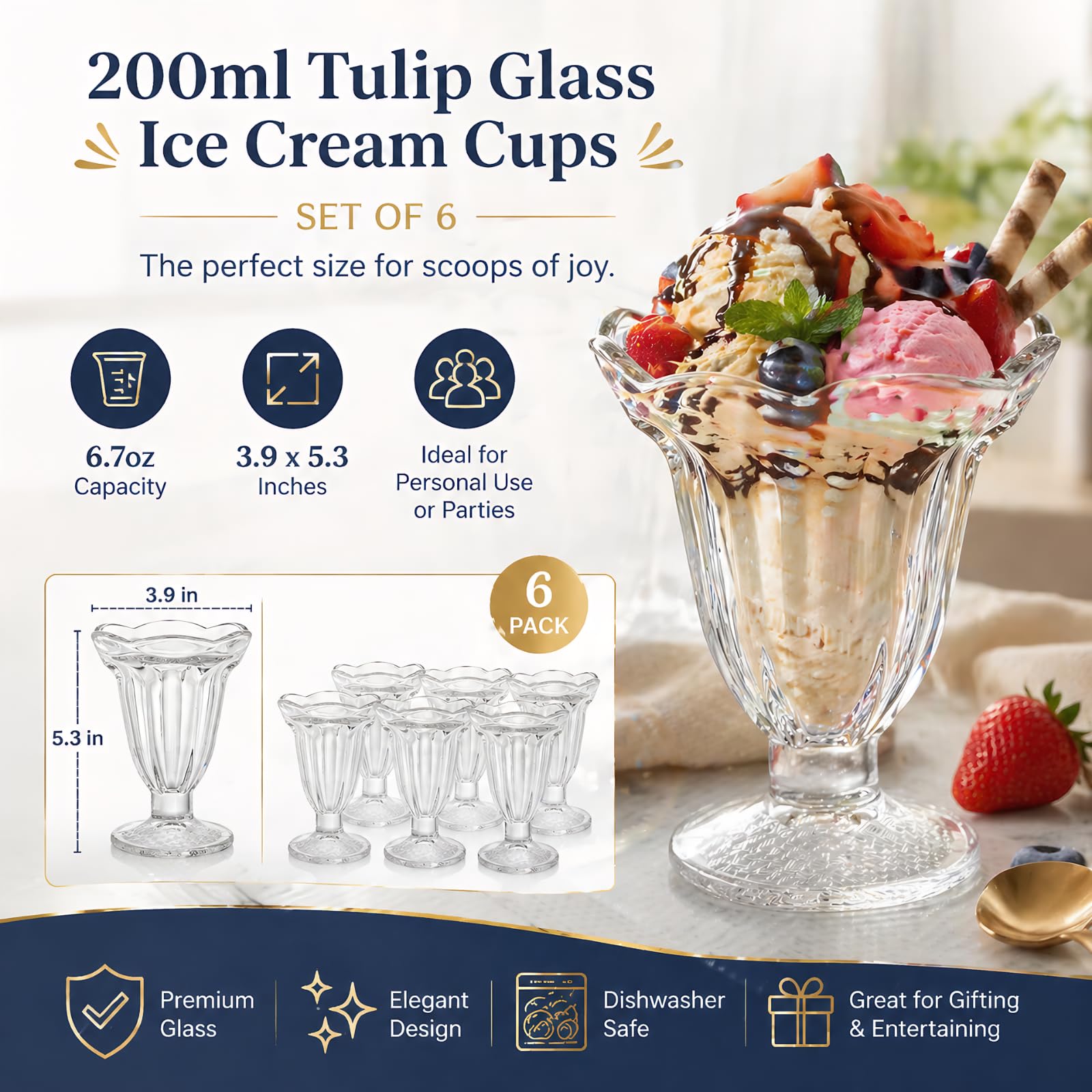 ZENFUN Set di 6 tazze in vetro per tulipani, 189,9 g, con piedini trasparenti per gelato, ciotole da dessert, per sorbetti, frutta, insalata, snack e cocktail