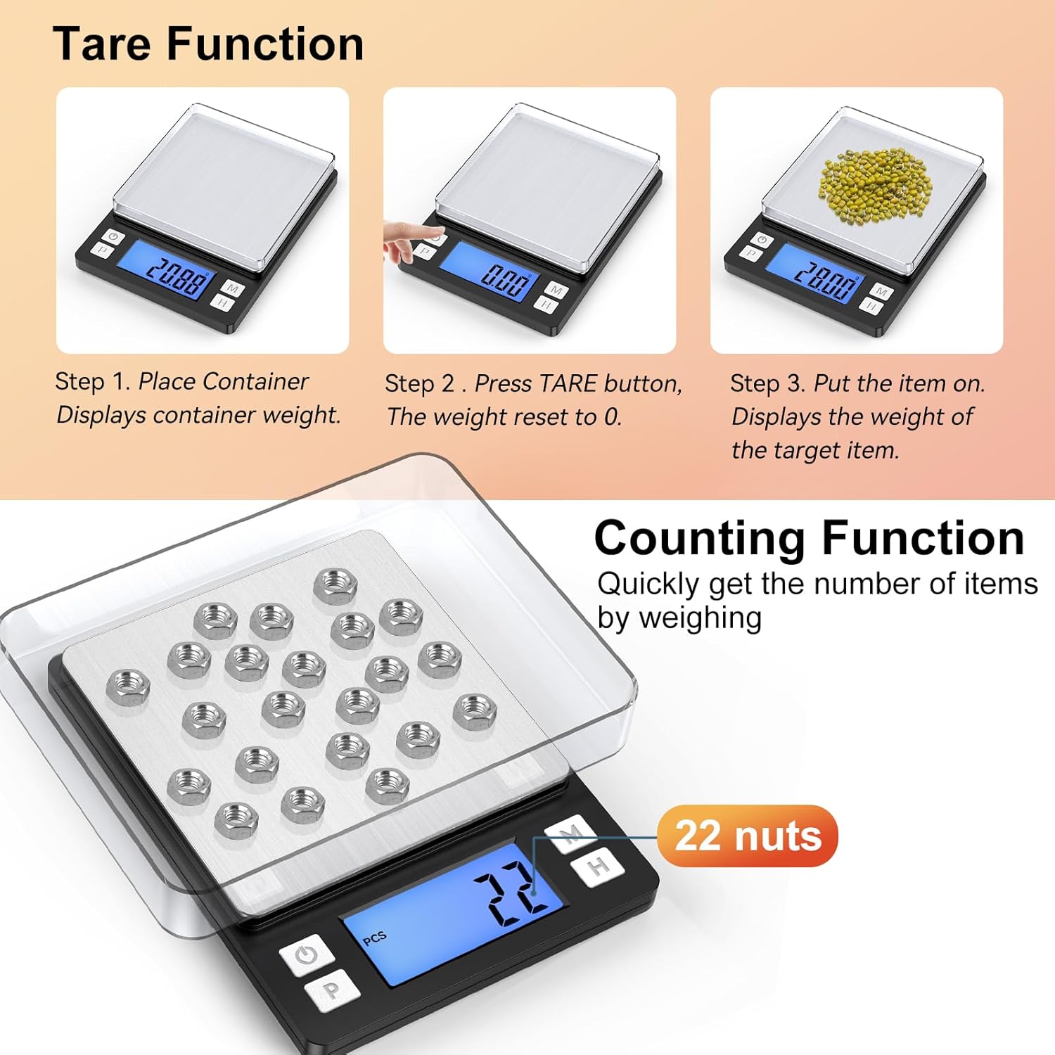 BOMATA Digital Scale showing tare and counting functions