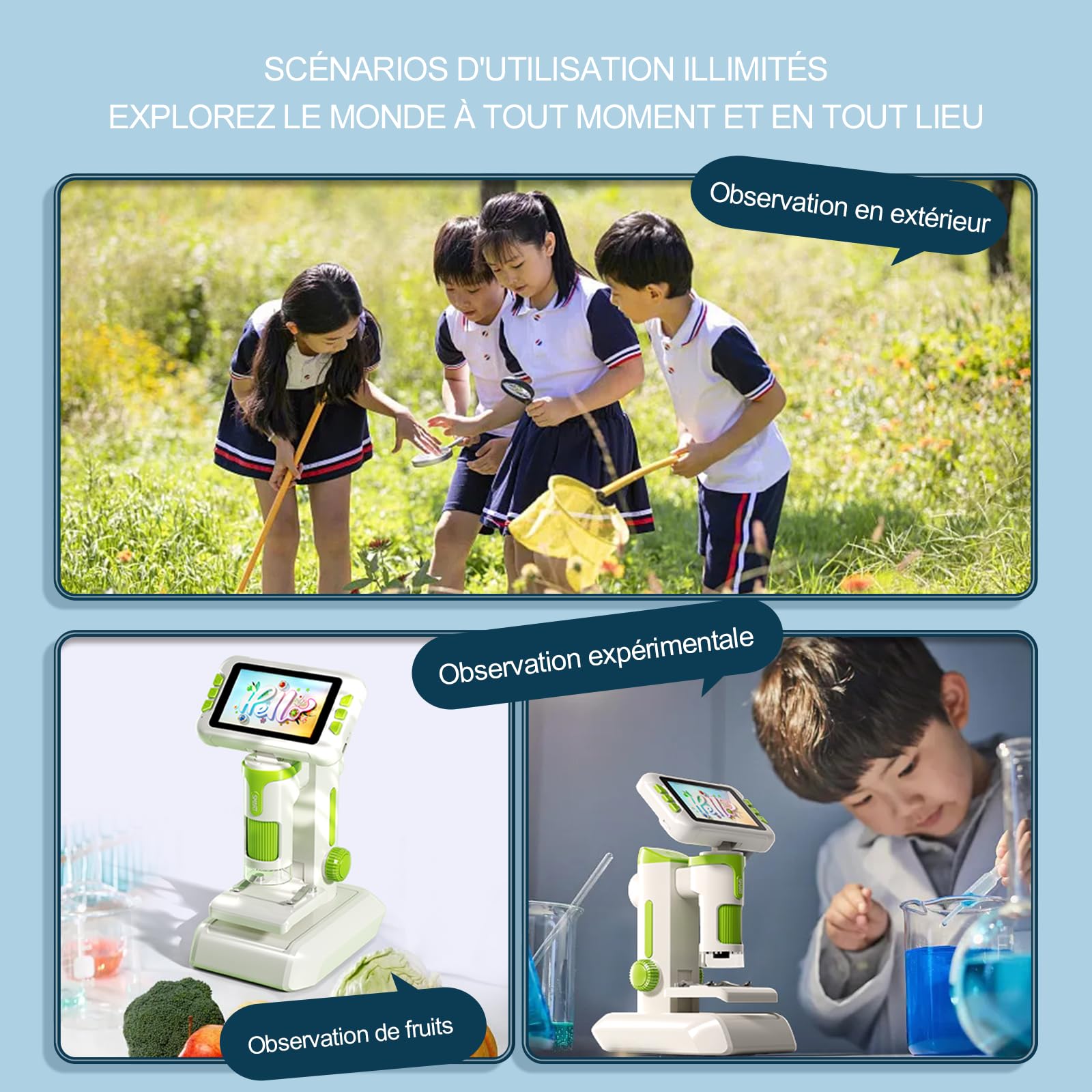 Microscope Enfant Portable 1600x Zoom, 4" Écran IPS avec Photos et Vidéos, Carte TF 32G, Rechargeable Batterie, Connexion PC directe, Kit d'Expériences Scientifiques pour Les de 6 à 12 Ans