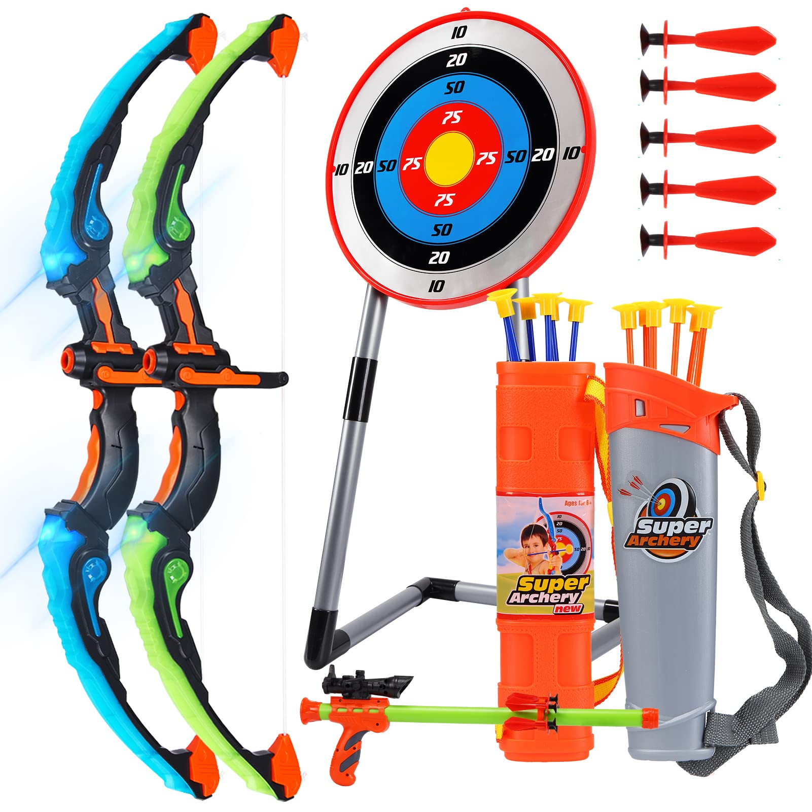 Photo 1 of Bow and Arrow for Kids, Kids Archery Toy Set Includes 2 Bows,12 Suction Cup Arrows, Standing Target & Quiver,Blowing Bow,Indoor Outdoor Toys Gifts for 4 5 6 7 8-12 Years Old Boys Girls Boys Girls