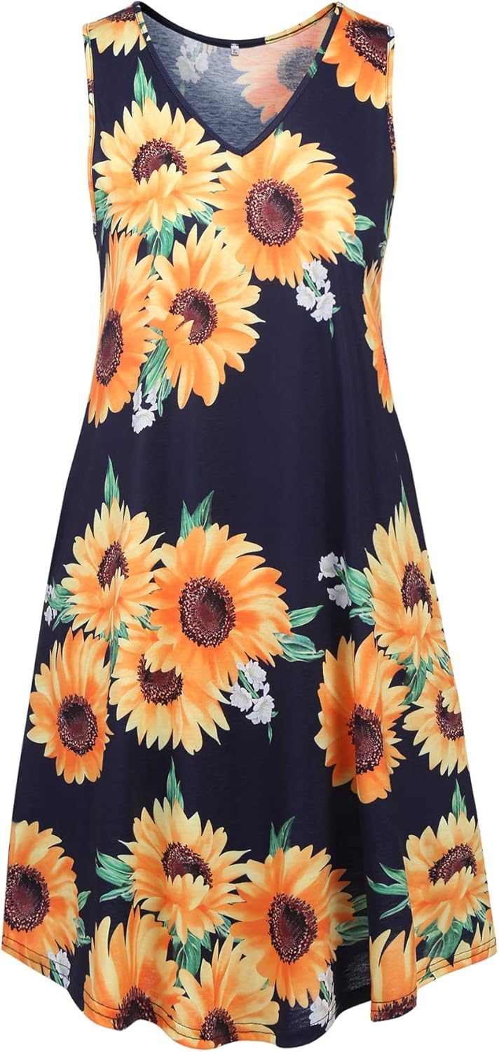 Ivicoer Women's Summer Beach Dresses V-Neck Floral Printed Tank Swing Dress Plus Size with Pocket(L-5XL)